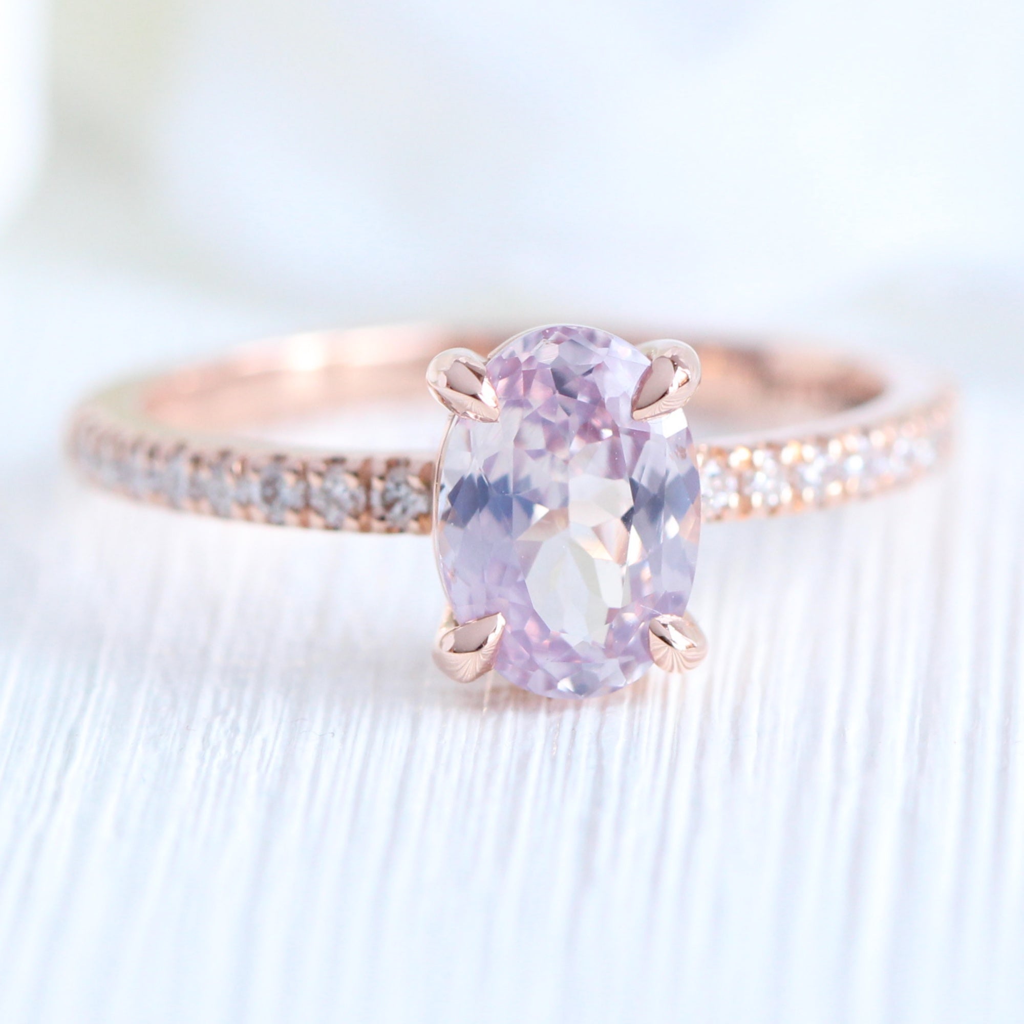 Dreamy lavender sapphire ring rose gold pave diamond band low set engagement ring la more design jewelry