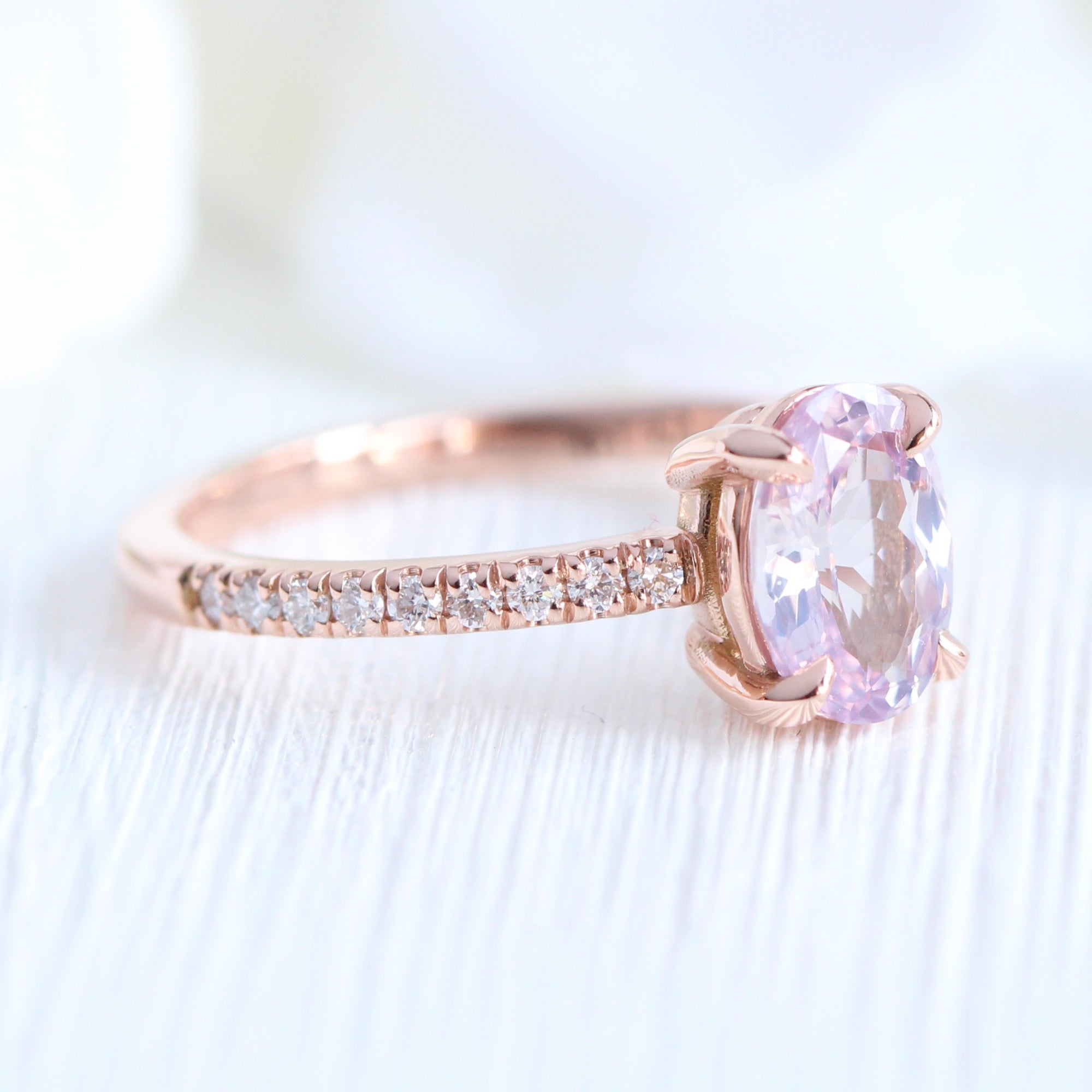 Dreamy lavender sapphire ring rose gold pave diamond band low set engagement ring la more design jewelry