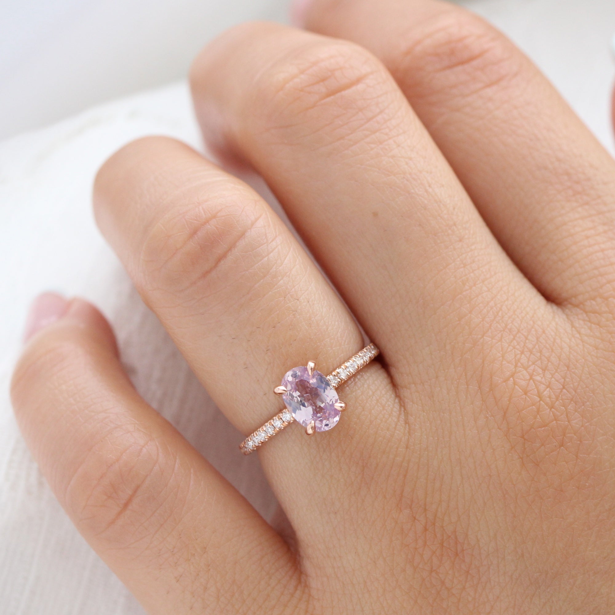 Dreamy lavender sapphire ring rose gold pave diamond band low set engagement ring la more design jewelry
