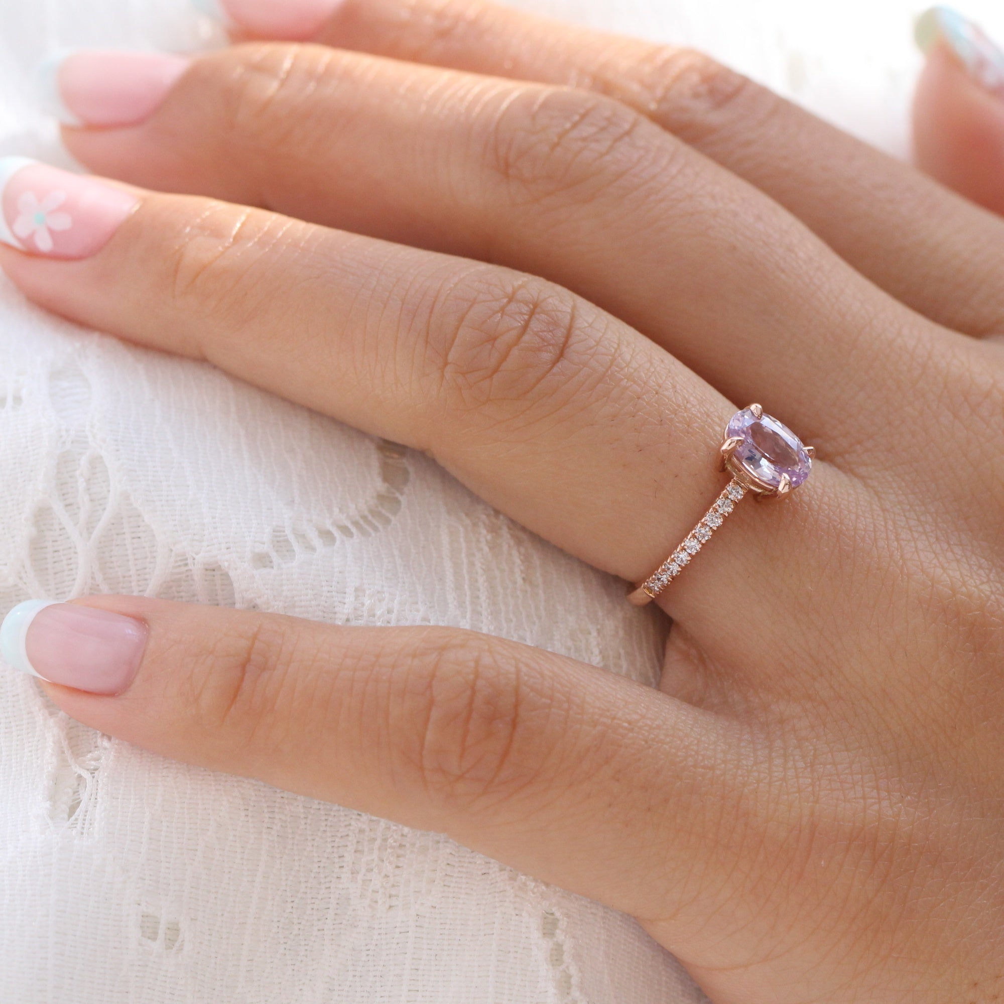 Dreamy lavender sapphire ring rose gold pave diamond band low set engagement ring la more design jewelry