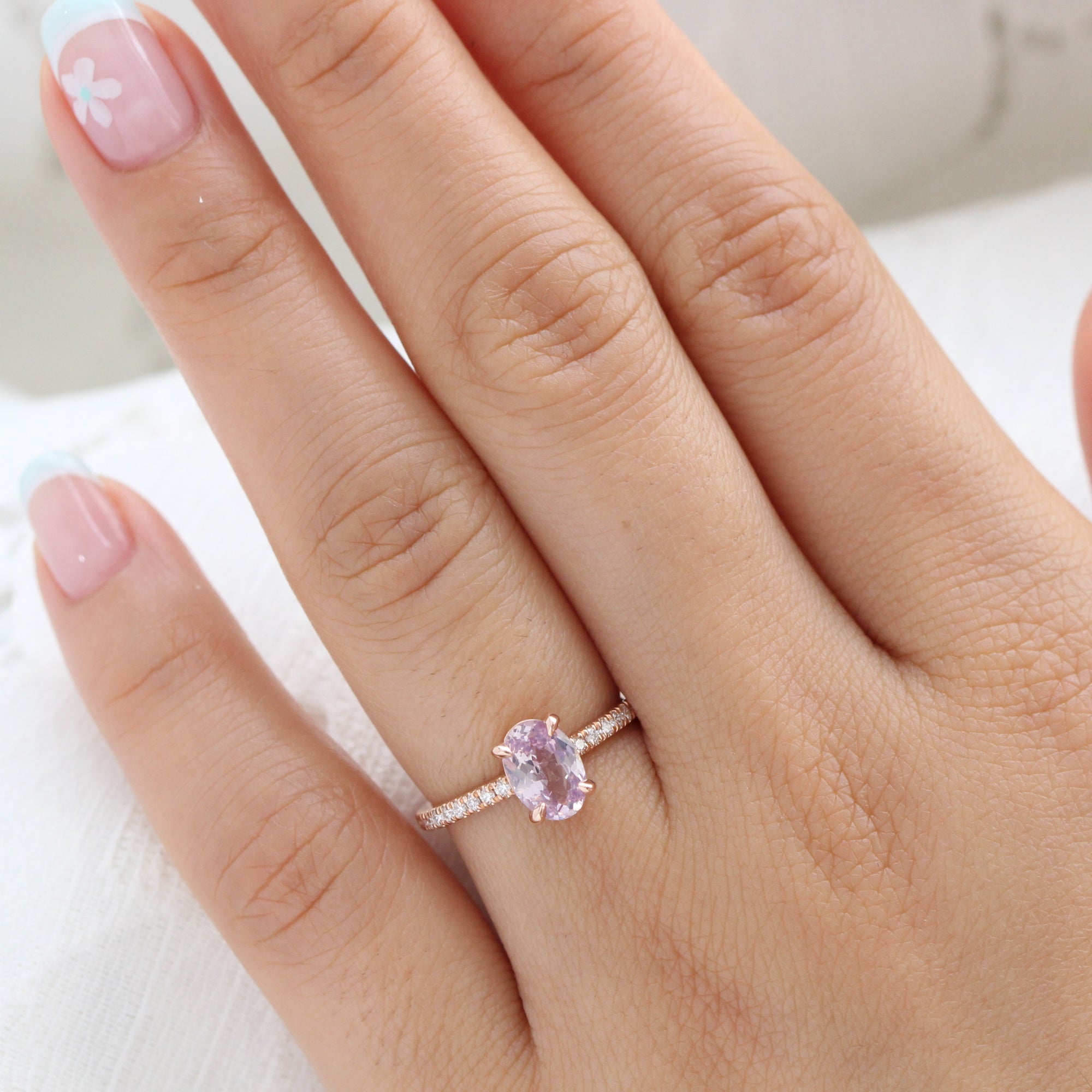 Dreamy lavender sapphire ring rose gold pave diamond band low set engagement ring la more design jewelry