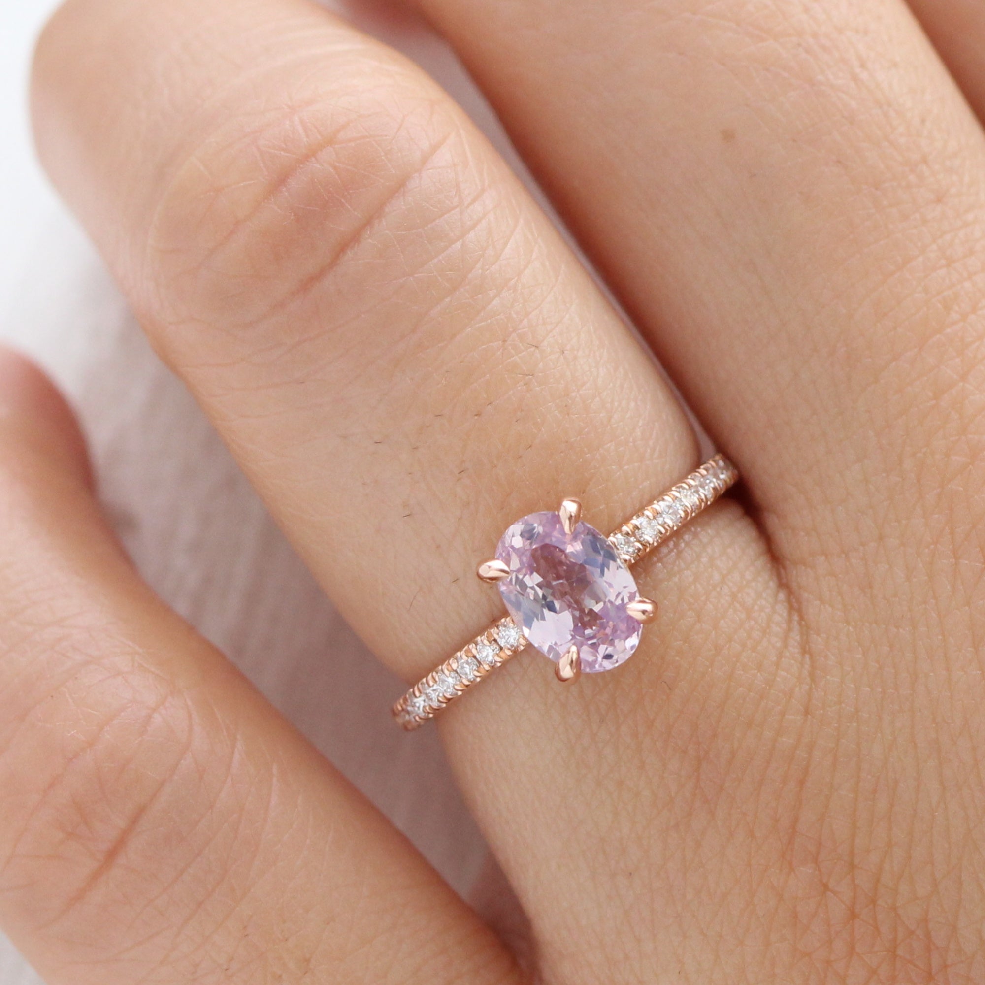 Dreamy lavender sapphire ring rose gold pave diamond band low set engagement ring la more design jewelry