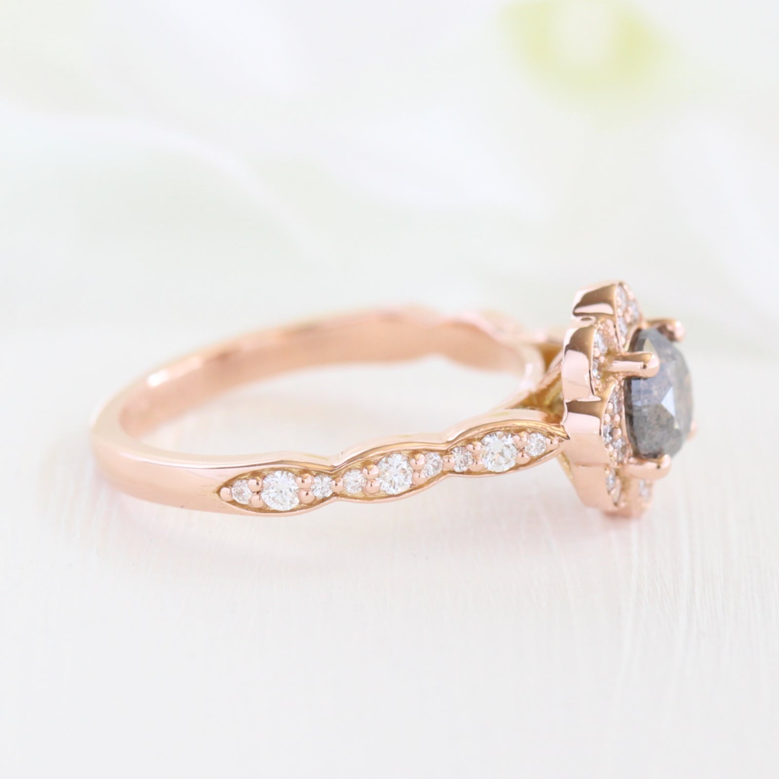 Grey diamond engagement ring in rose gold vintage floral diamond band by la more design jewelry