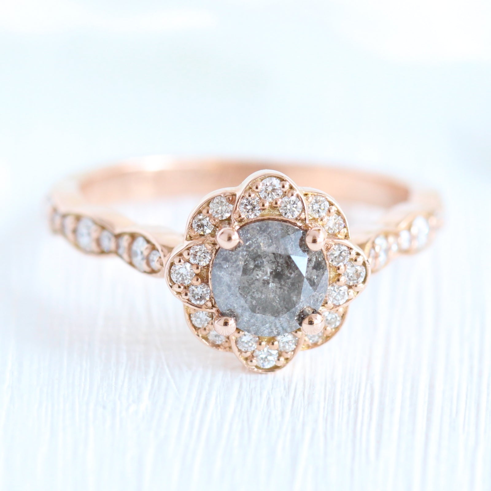 Grey salt & pepper diamond engagement ring in rose gold vintage floral diamond band by la more design jewelry