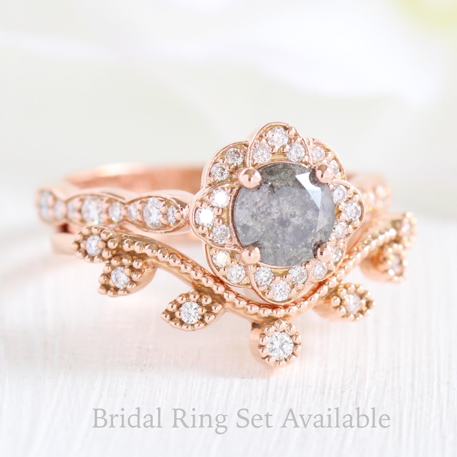 Grey diamond ring and curved leaf diamond wedding band in rose gold vintage floral bridal ring set by la more design jewelry