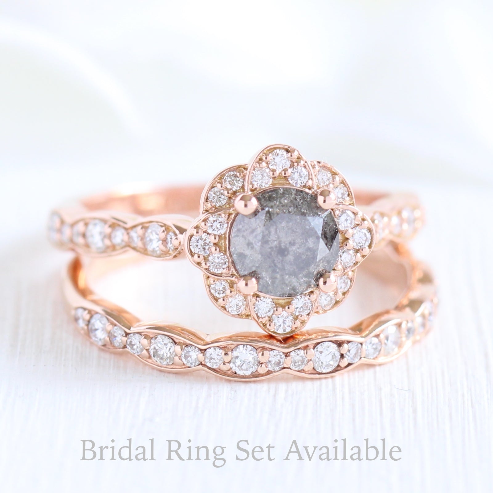 Grey diamond ring and matching diamond wedding band in rose gold vintage floral bridal ring set by la more design jewelry