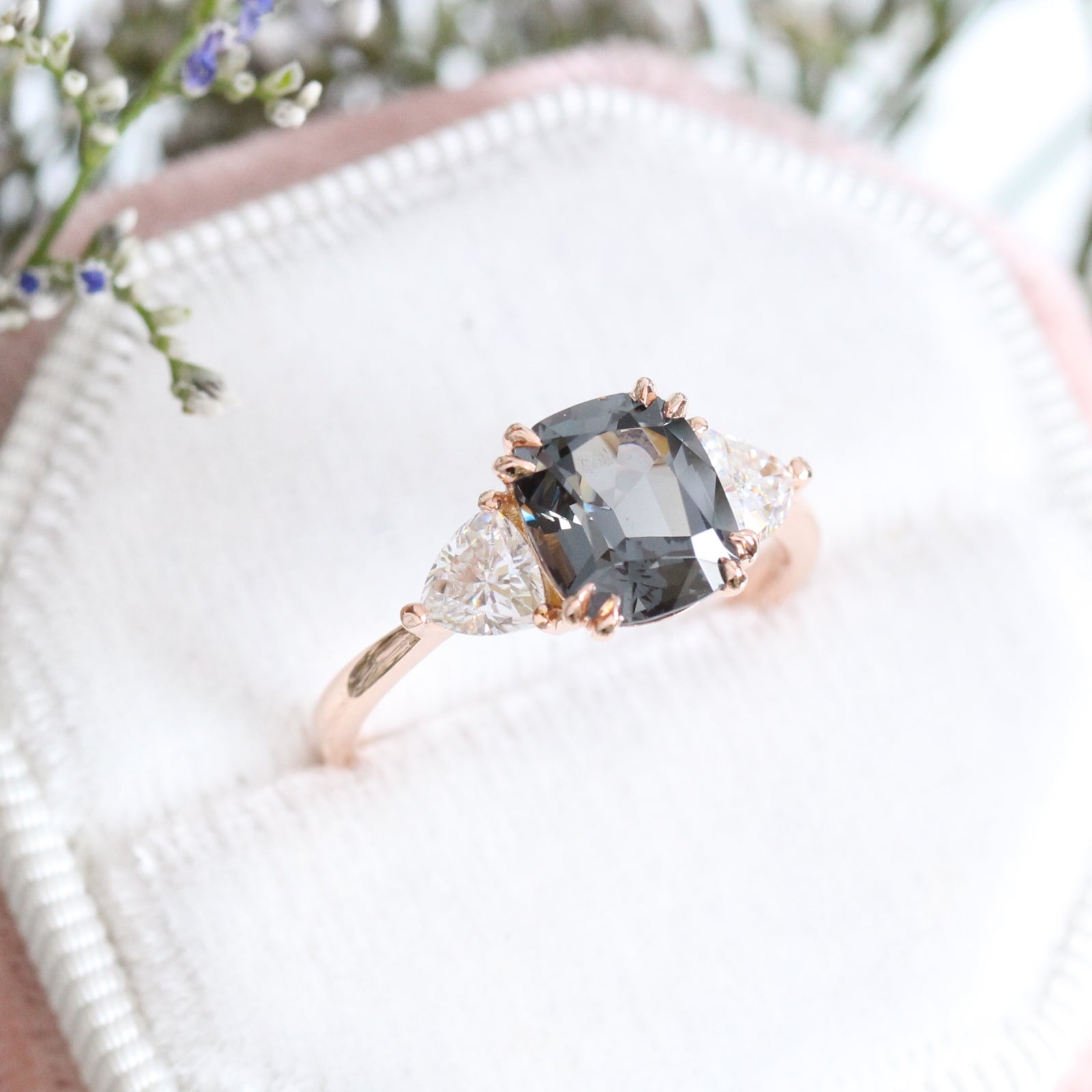 Grey Spinel Cushion Engagement Ring in Rose Gold 3 Stone Diamond Ring by La More Design Jewelry