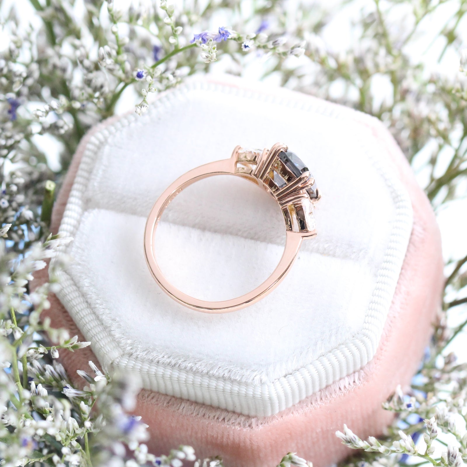 Grey Spinel Cushion Engagement Ring in Rose Gold 3 Stone Diamond Ring by La More Design Jewelry
