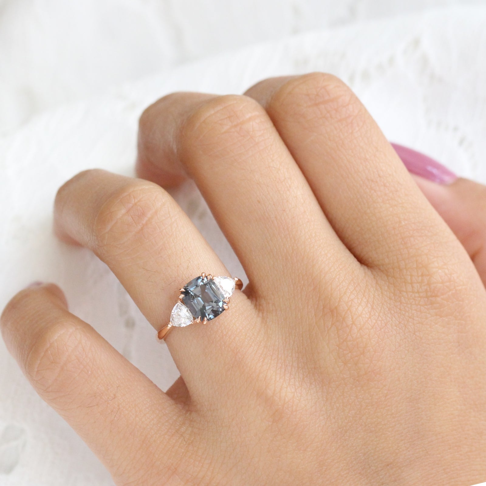 Grey Spinel Cushion Engagement Ring in Rose Gold 3 Stone Diamond Ring by La More Design Jewelry