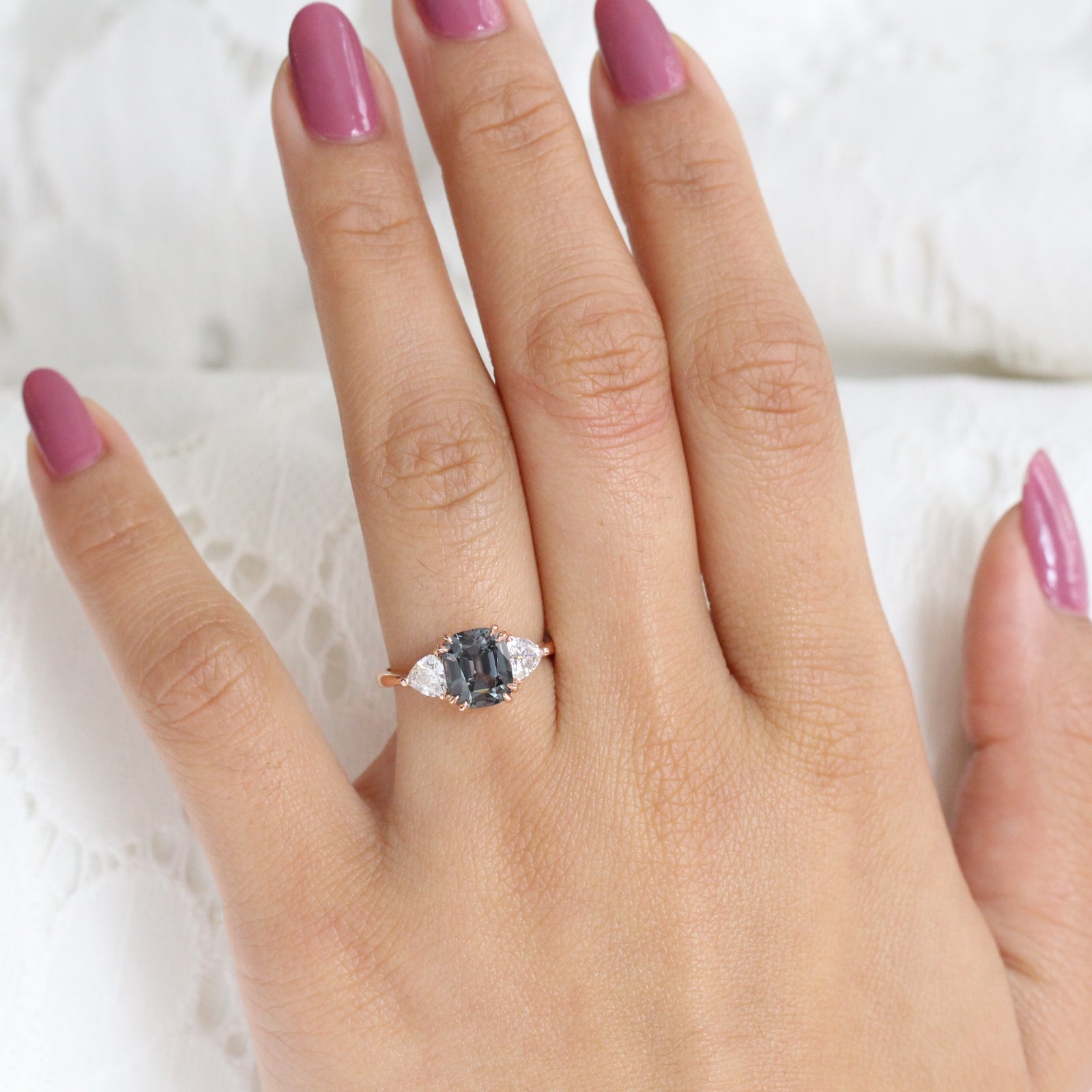 Grey Spinel Cushion Engagement Ring in Rose Gold 3 Stone Diamond Ring by La More Design Jewelry