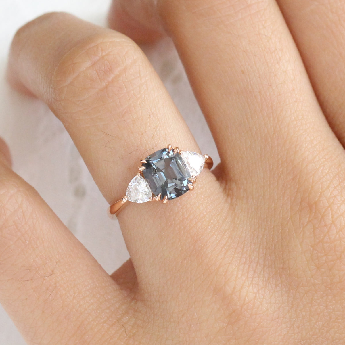Grey Spinel Cushion Engagement Ring in Rose Gold 3 Stone Diamond Ring by La More Design Jewelry