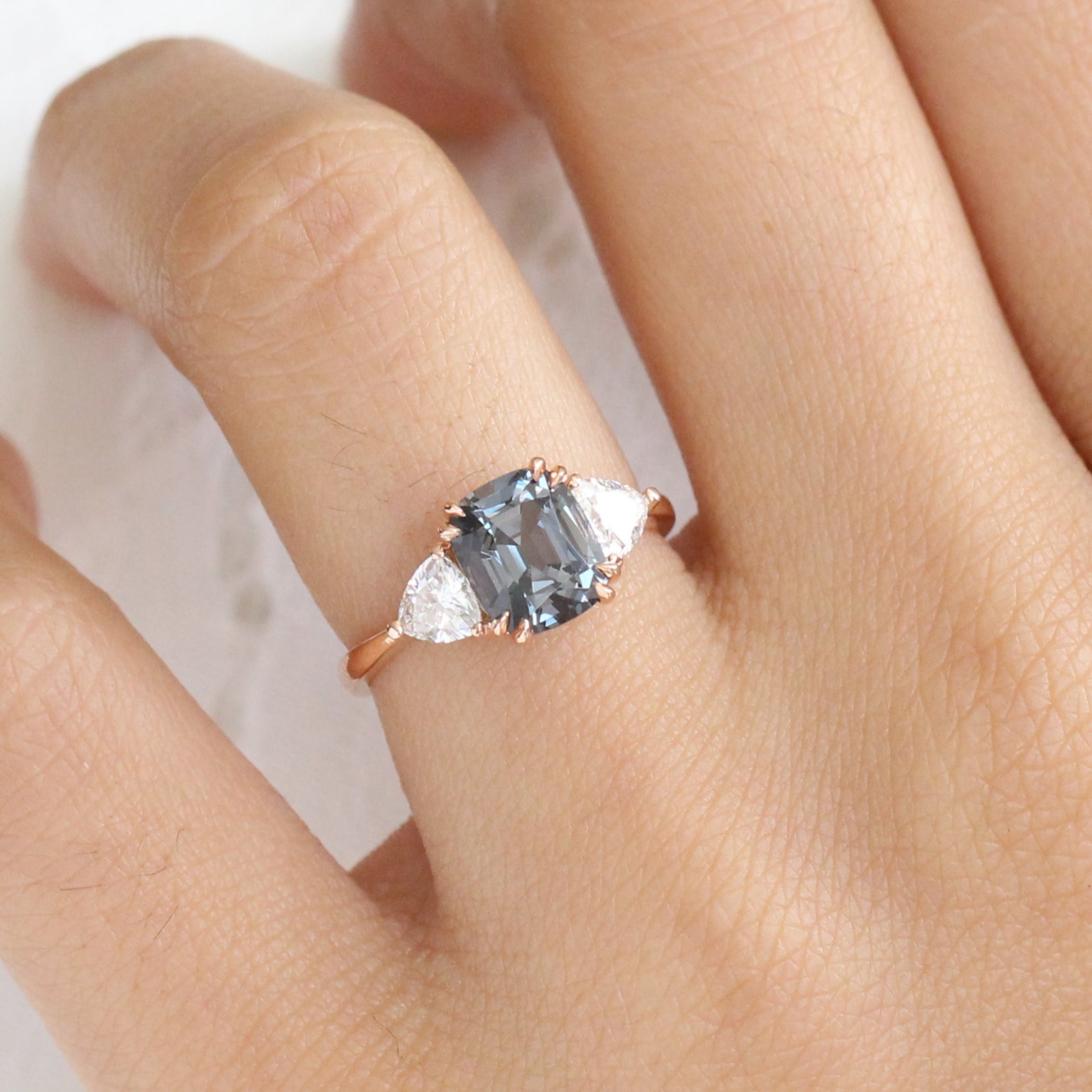 Grey Spinel Cushion Engagement Ring in Rose Gold 3 Stone Diamond Ring by La More Design Jewelry