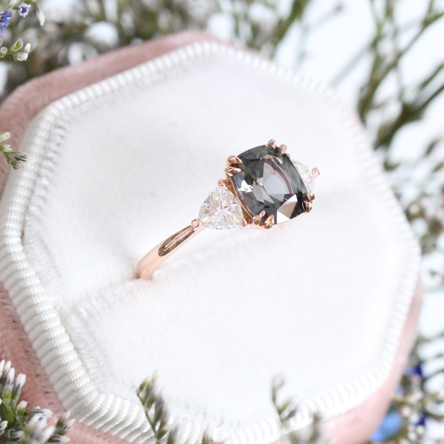 Grey Spinel Cushion Engagement Ring in Rose Gold 3 Stone Diamond Ring by La More Design Jewelry