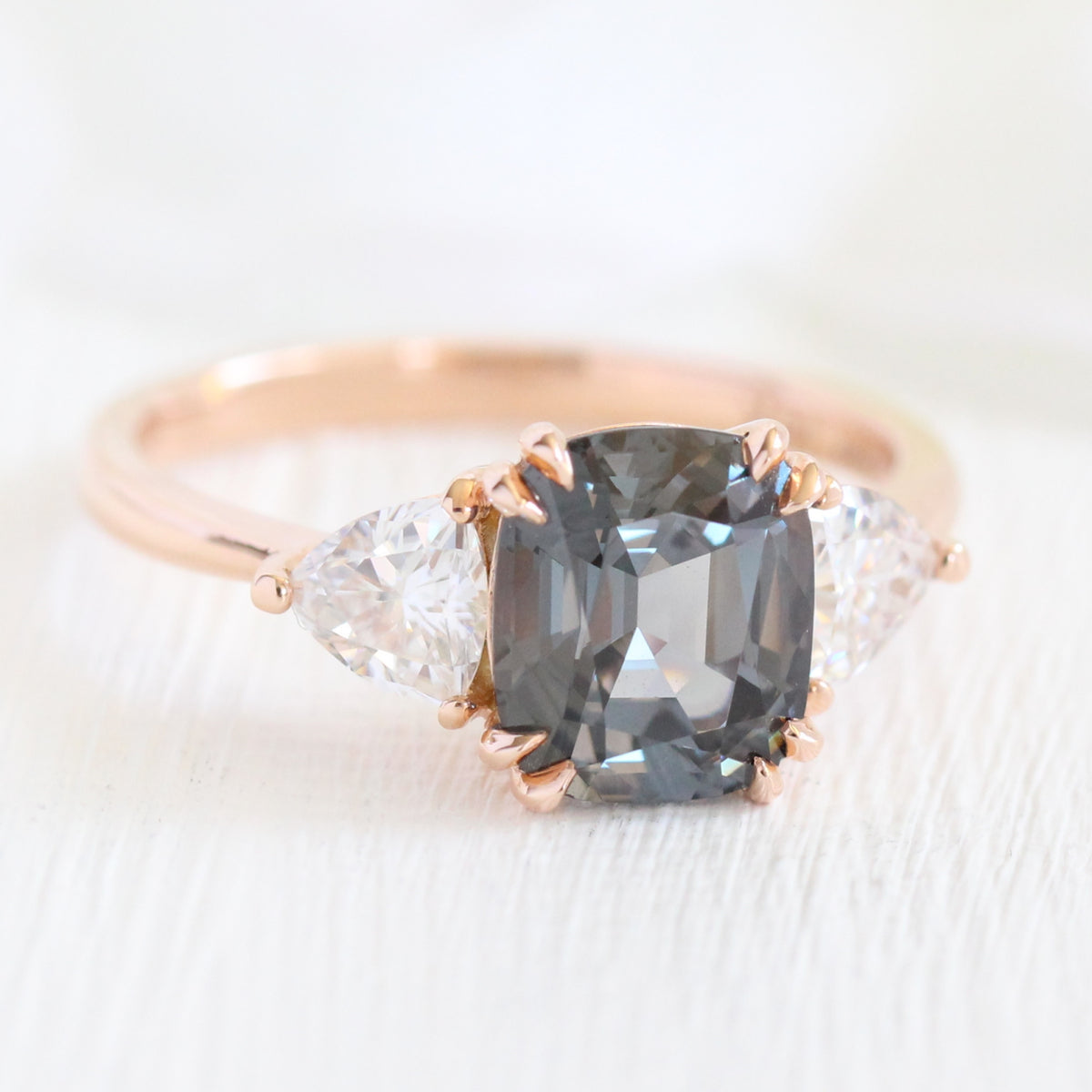 Grey Spinel Cushion Engagement Ring in Rose Gold 3 Stone Diamond Ring by La More Design Jewelry