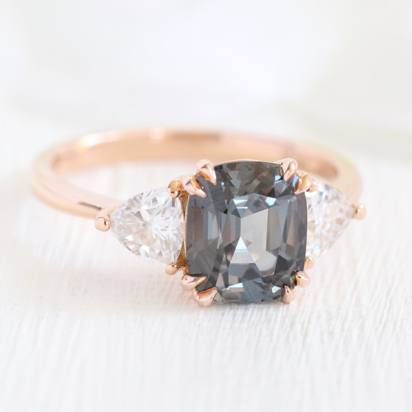 Grey Spinel Cushion Engagement Ring in Rose Gold 3 Stone Diamond Ring by La More Design Jewelry