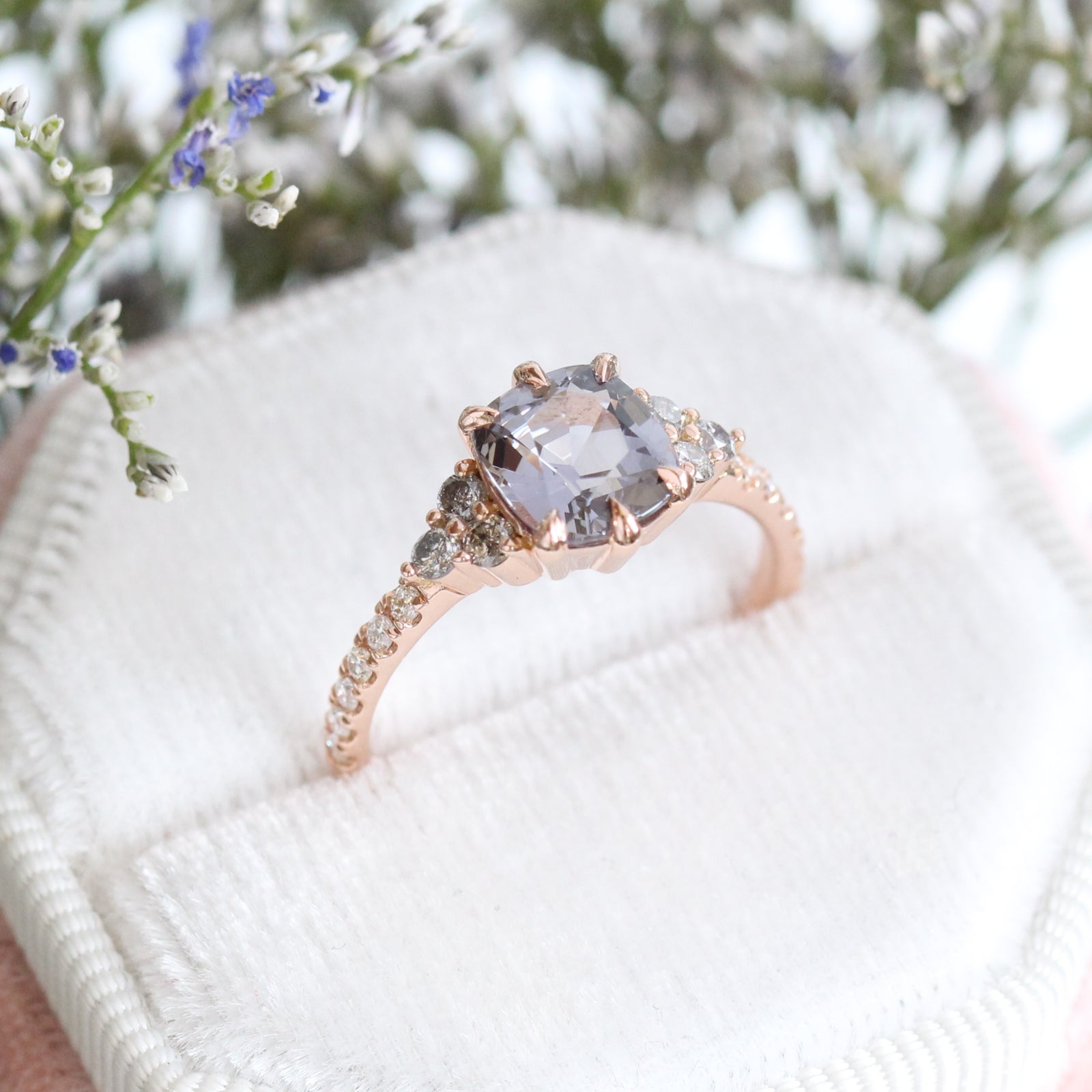 Grey Spinel Diamond Engagement Ring in Rose Gold 3 Three Stone Ring by La More Design Jewelry