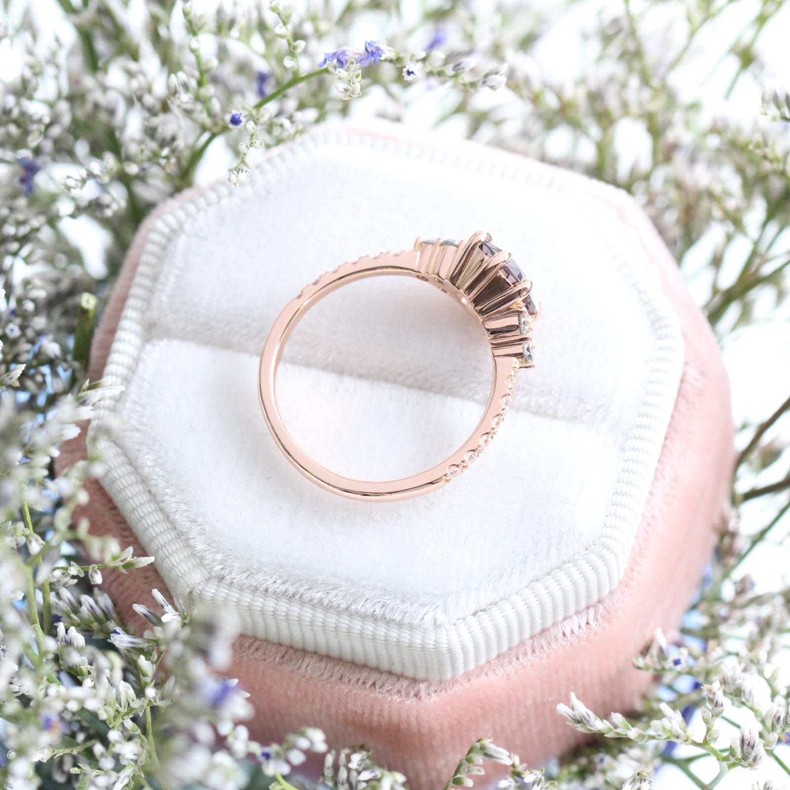 Grey Spinel Diamond Engagement Ring in Rose Gold 3 Three Stone Ring by La More Design Jewelry