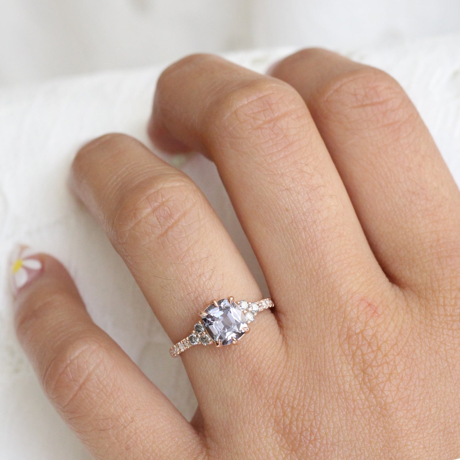 Grey Spinel Diamond Engagement Ring in Rose Gold 3 Three Stone Ring by La More Design Jewelry