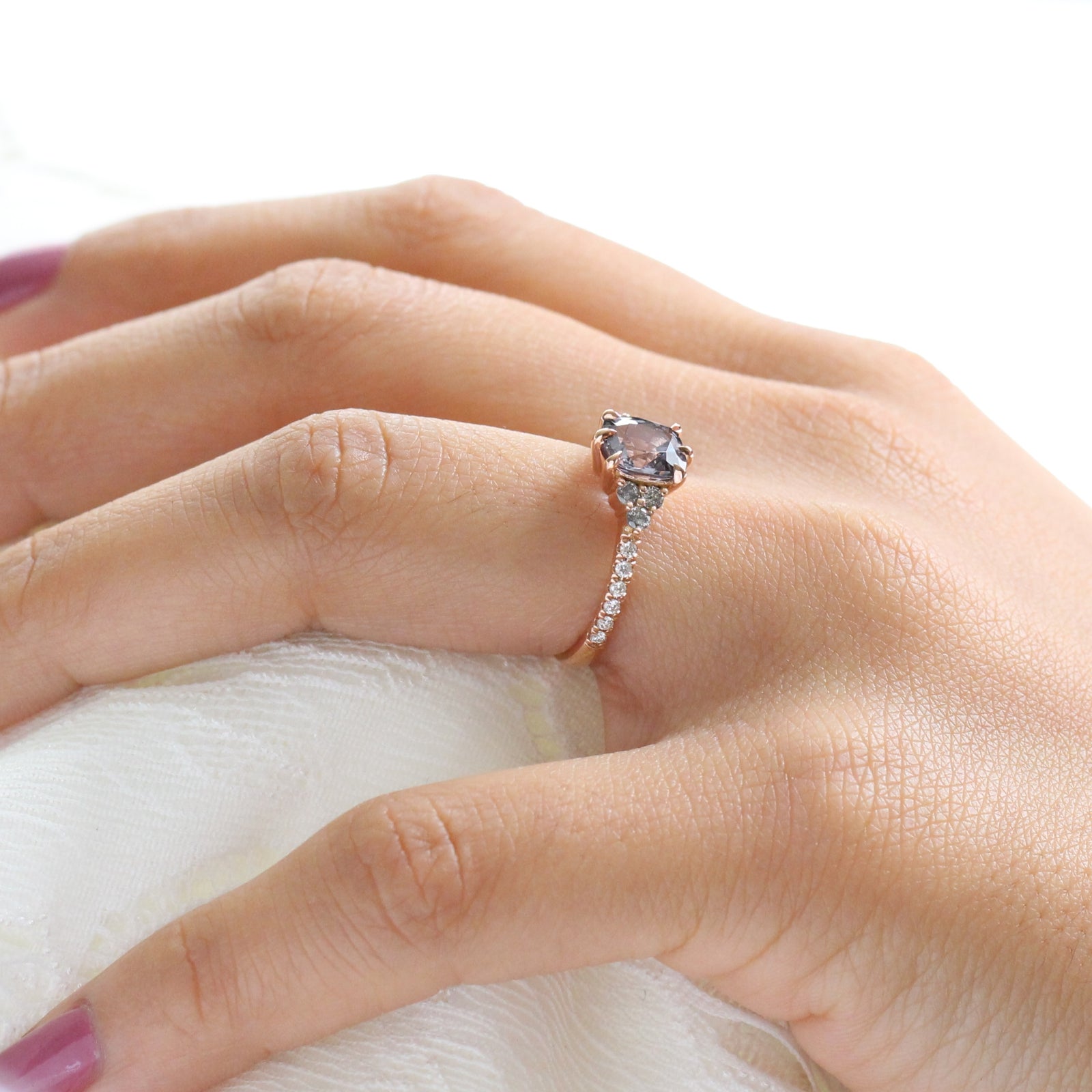 Grey Spinel Diamond Engagement Ring in Rose Gold 3 Three Stone Ring by La More Design Jewelry