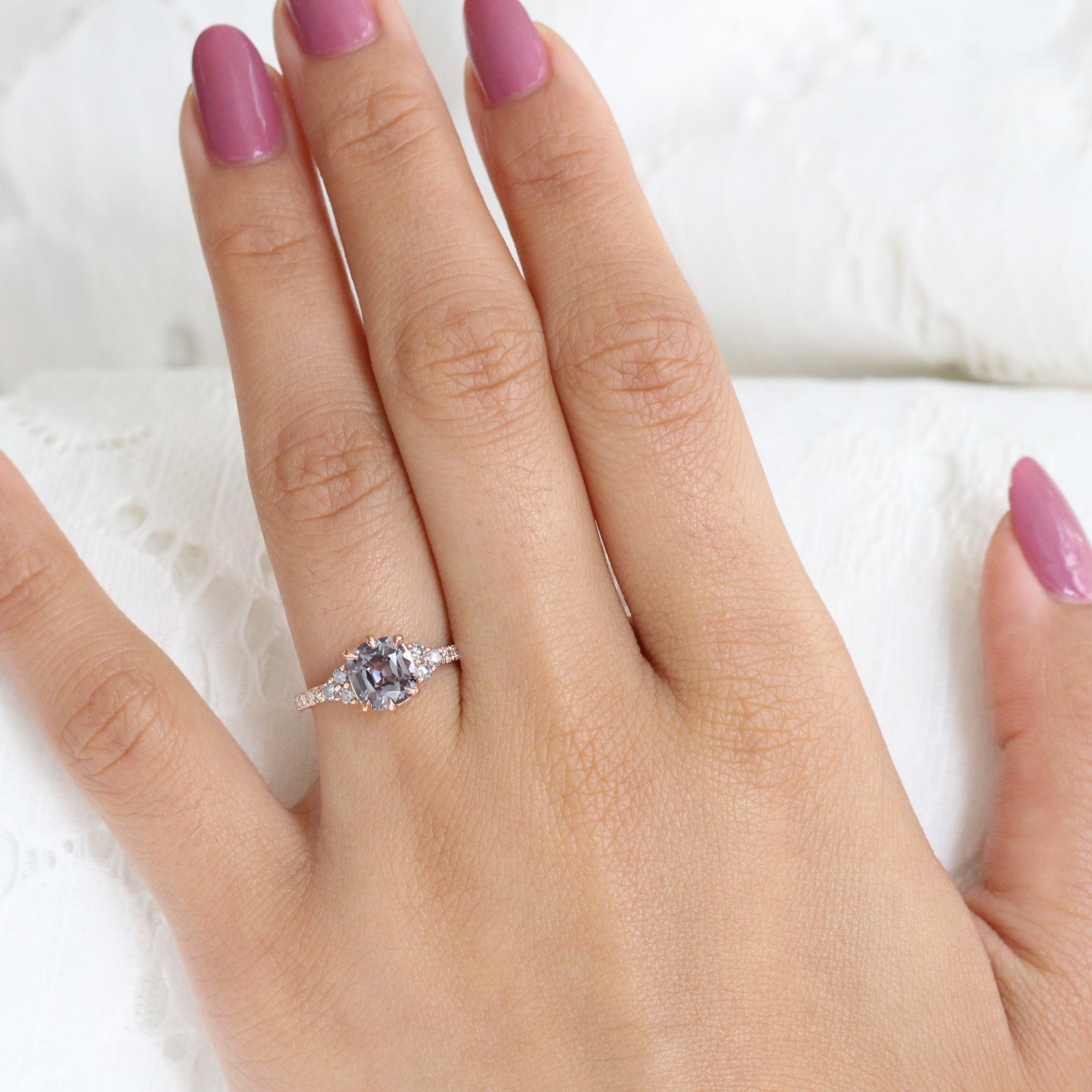 Grey Spinel Diamond Engagement Ring in Rose Gold 3 Three Stone Ring by La More Design Jewelry