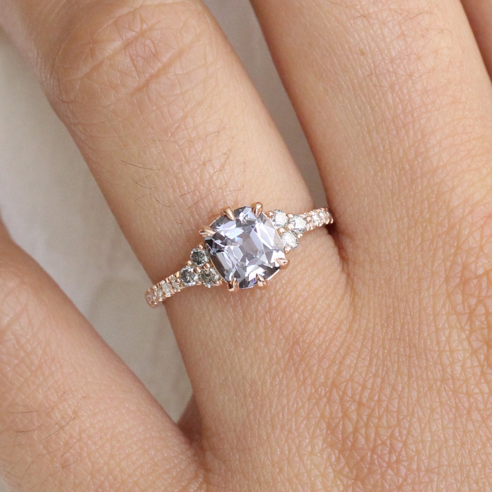 Grey Spinel Diamond Engagement Ring in Rose Gold 3 Three Stone Ring by La More Design Jewelry