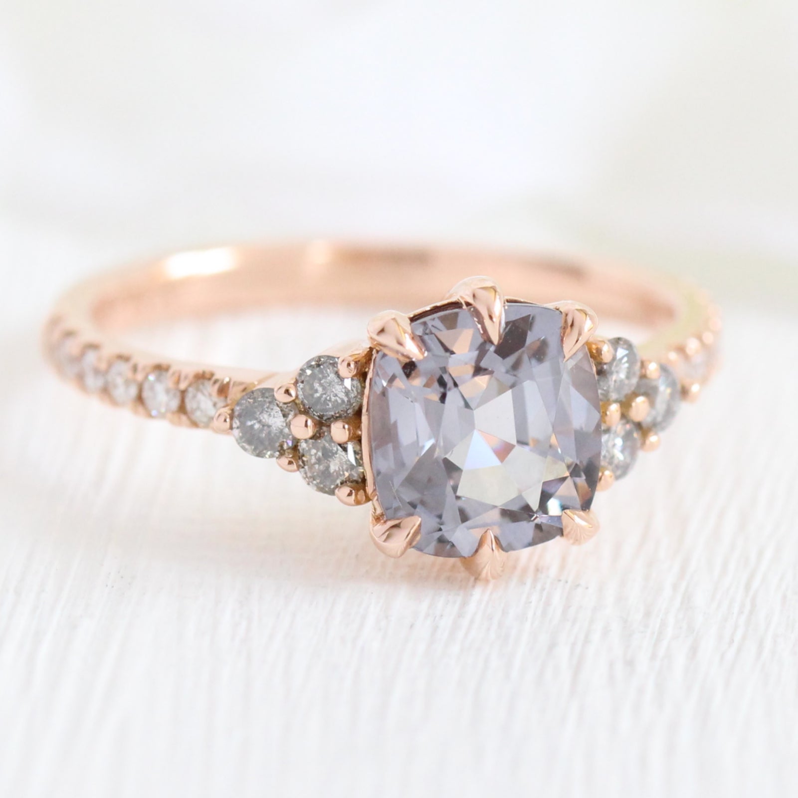 Grey Spinel Diamond Engagement Ring in Rose Gold 3 Three Stone Ring by La More Design Jewelry