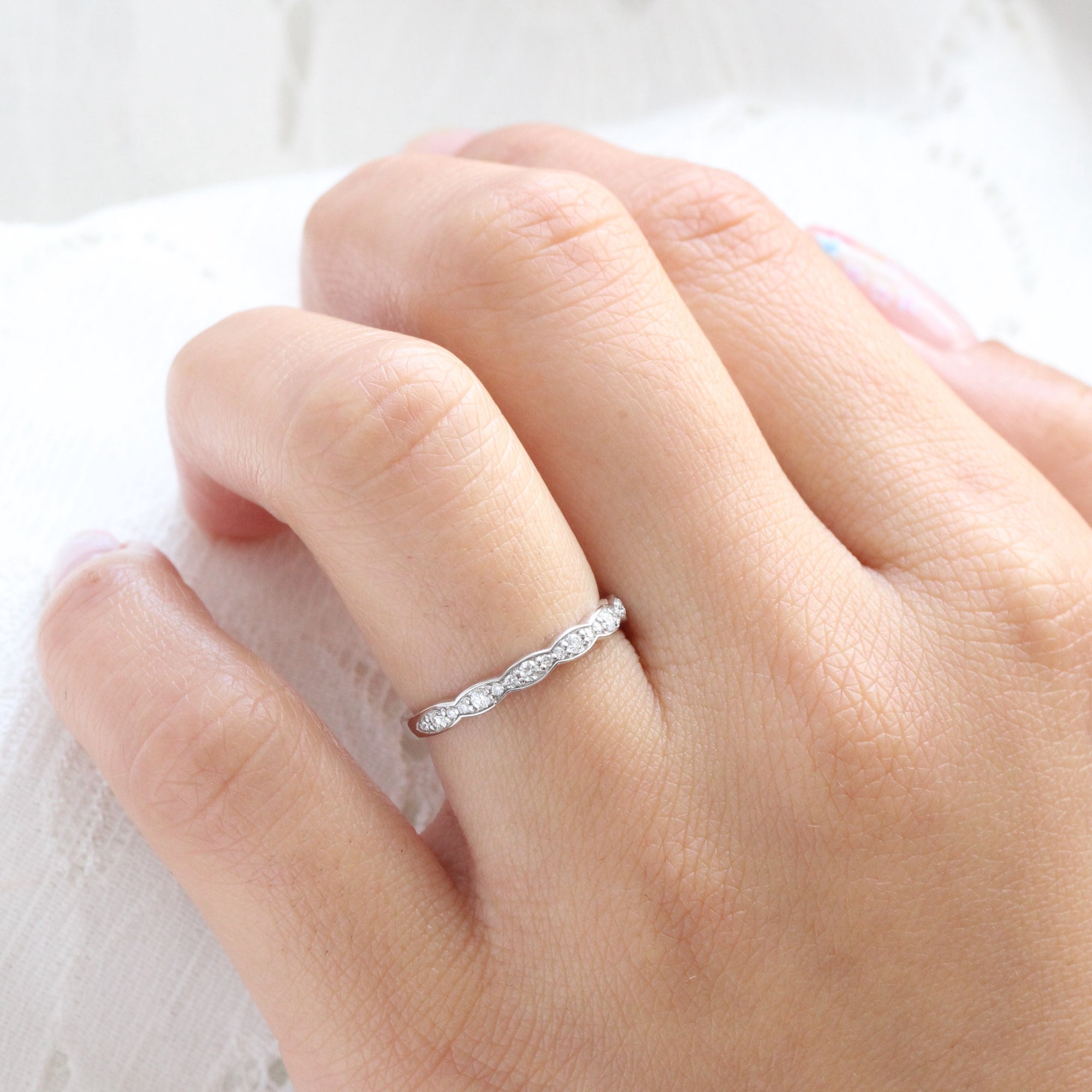 Half diamond wedding ring white gold scalloped band la more design jewelry