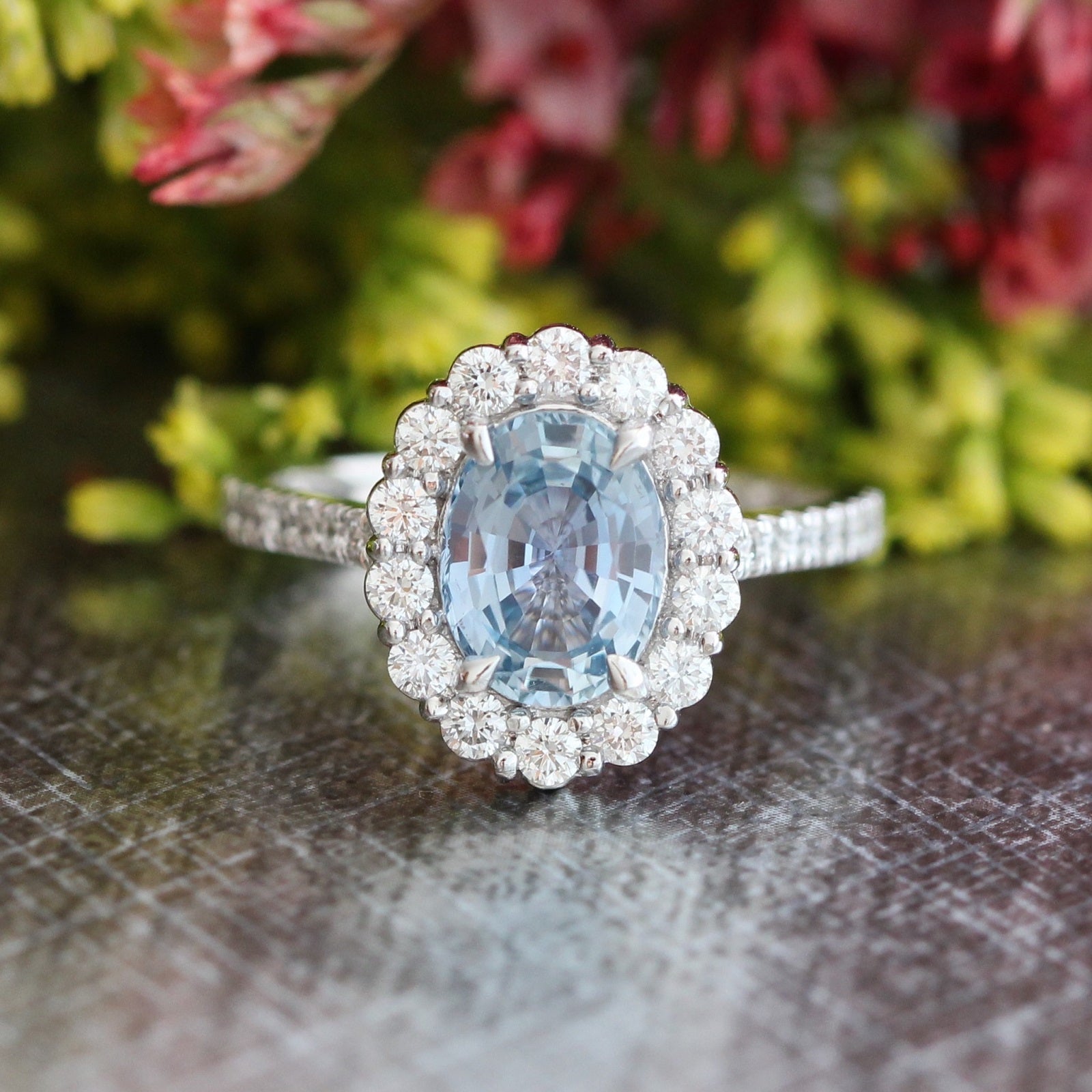 Natural aqua blue sapphire engagement ring in 14k white gold by la more design
