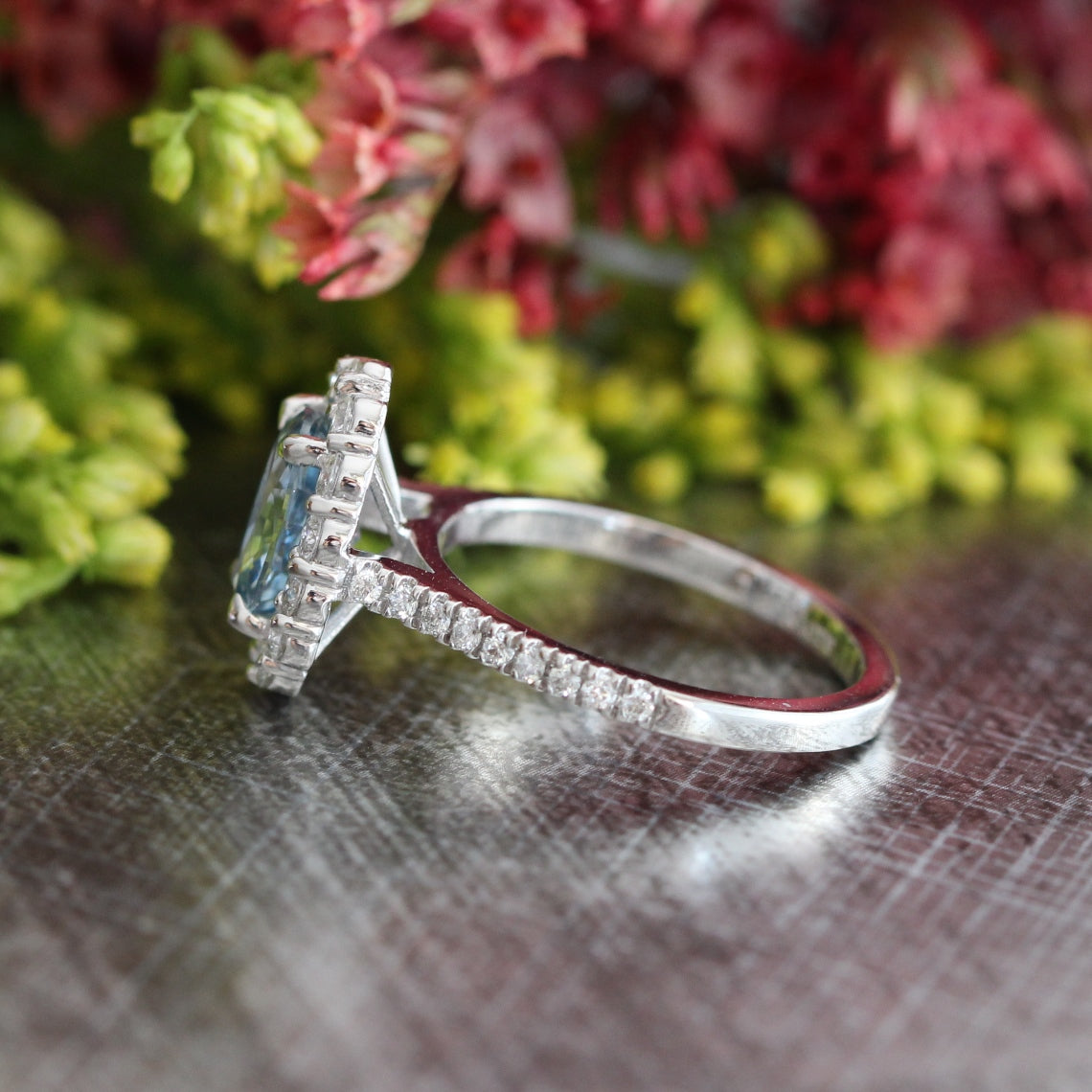 2.46 Ct Natural Aqua Blue Sapphire Ring in 14k White Gold Large Halo Diamond, Size 6
