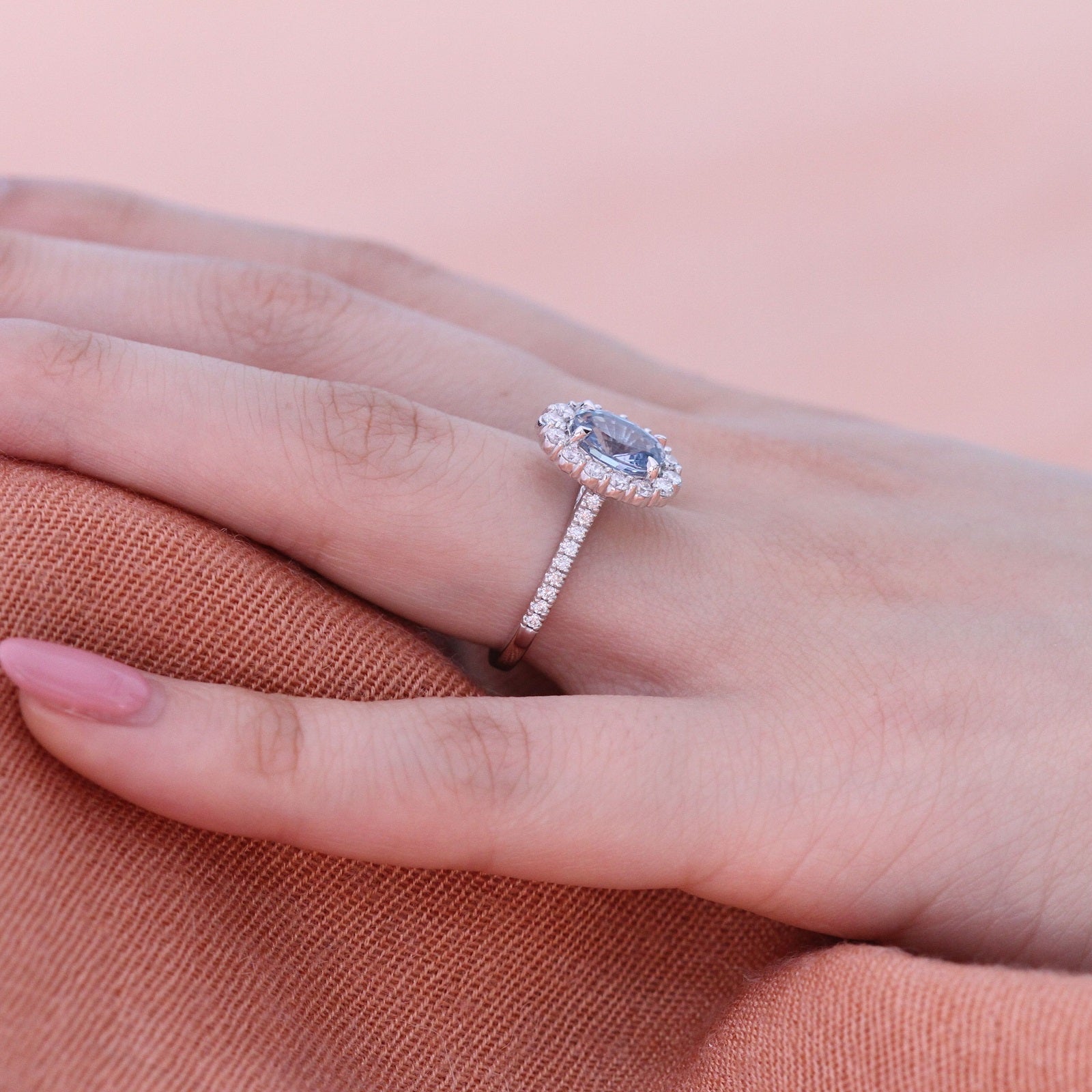 2.46 Ct Natural Aqua Blue Sapphire Ring in 14k White Gold Large Halo Diamond, Size 6