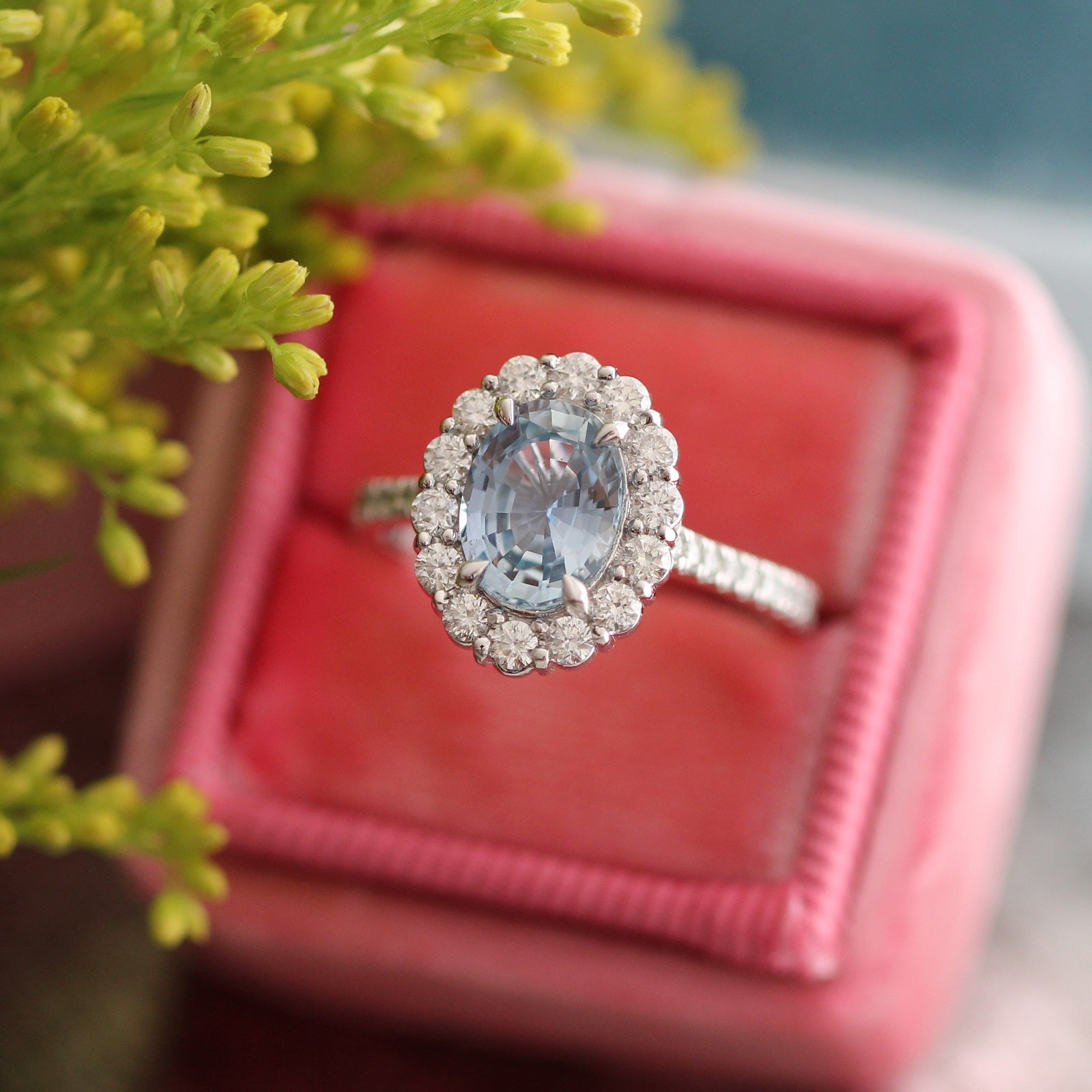 Natural aqua blue sapphire engagement ring in 14k white gold by la more design