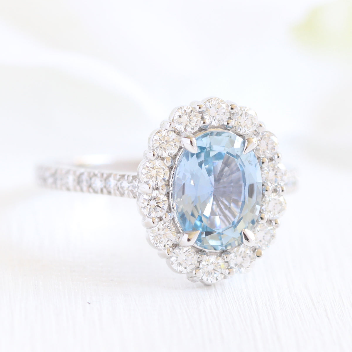 Halo Diamond Pastel Blue Sapphire Engagement Ring 14K White Gold by La More Design
