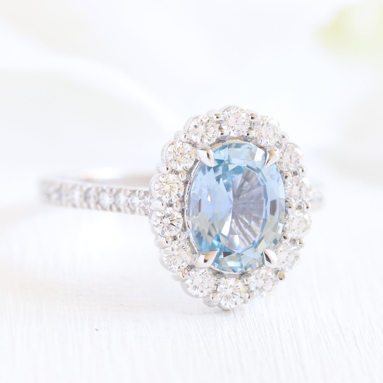 Halo Diamond Pastel Blue Sapphire Engagement Ring 14K White Gold by La More Design