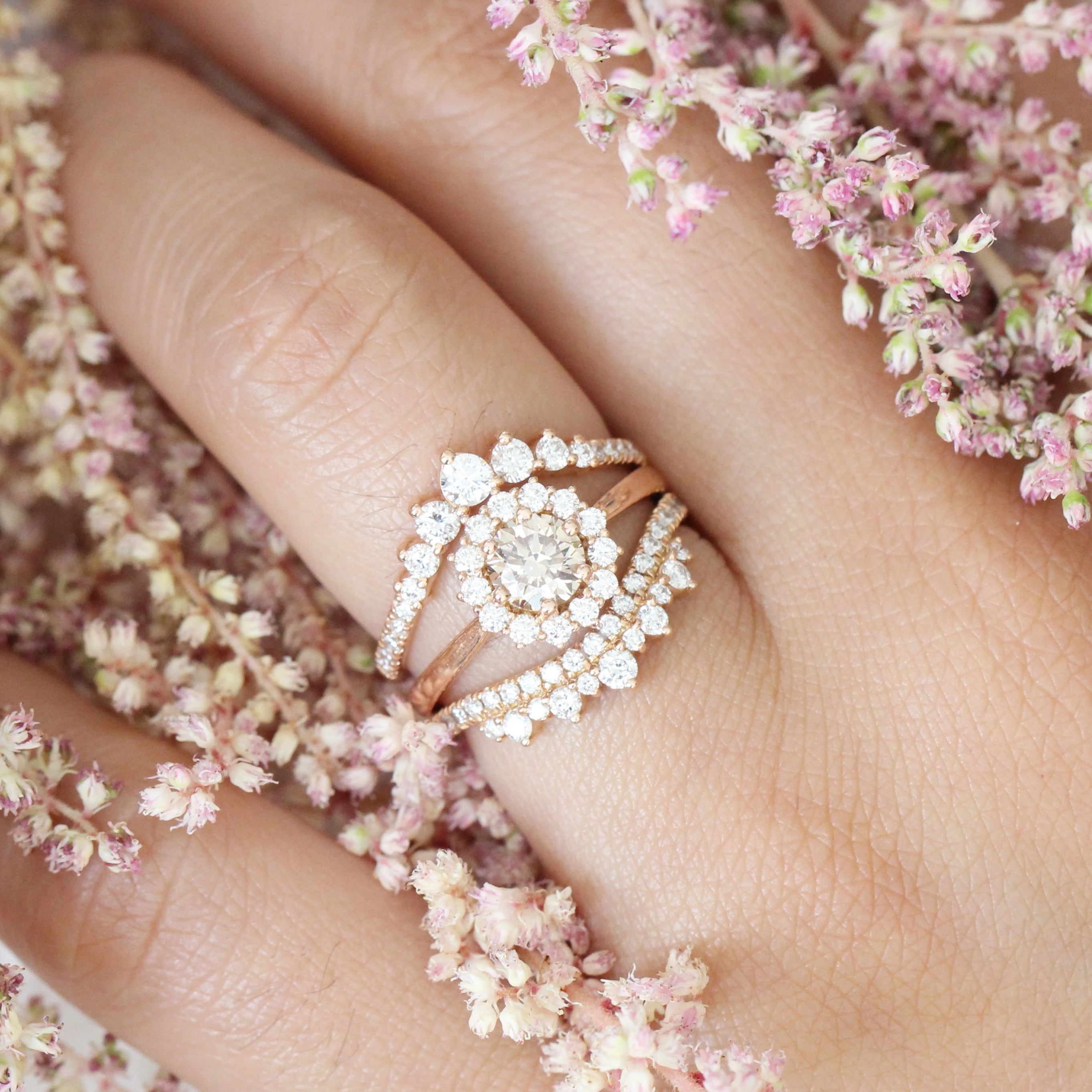 Halo champagne diamond engagement ring stacking set rose gold by la more design jewelry