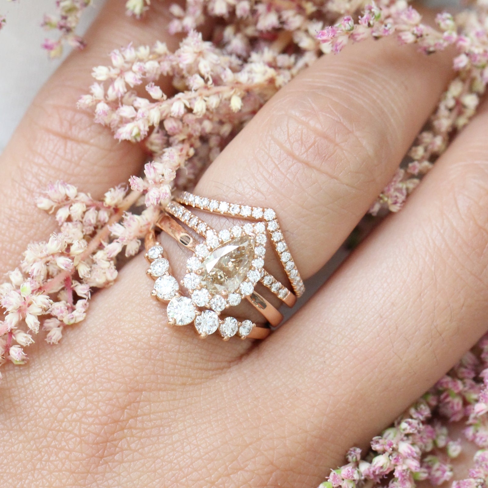 Halo champagne diamond engagement ring stacking set rose gold by la more design jewelry
