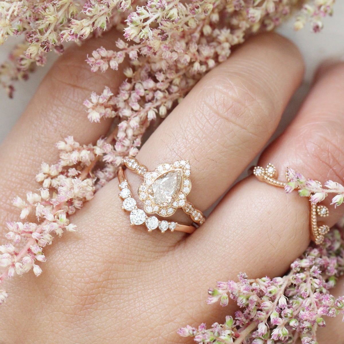 Halo champagne diamond engagement ring stacking set rose gold by la more design jewelry