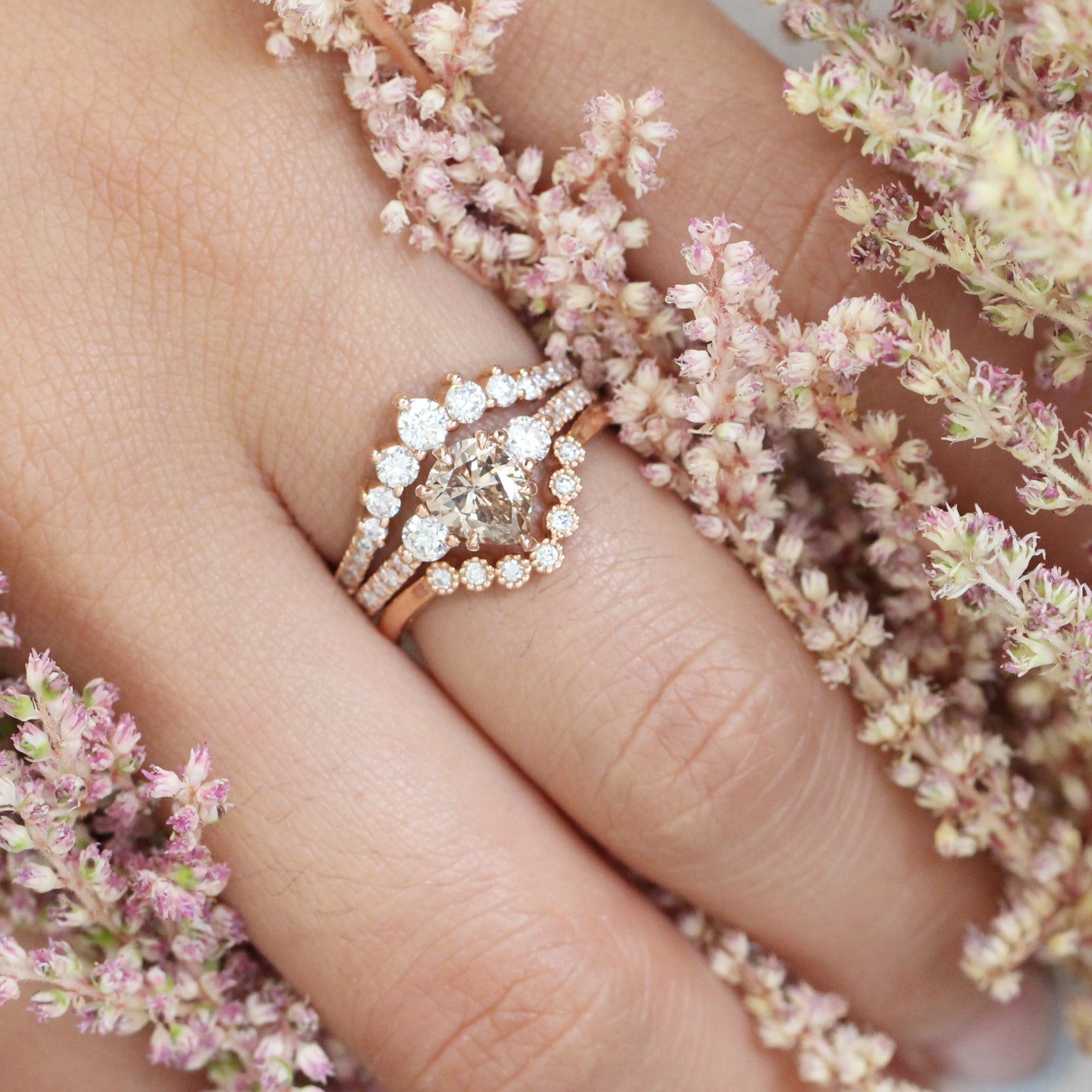 Halo champagne diamond engagement ring stacking set rose gold by la more design jewelry