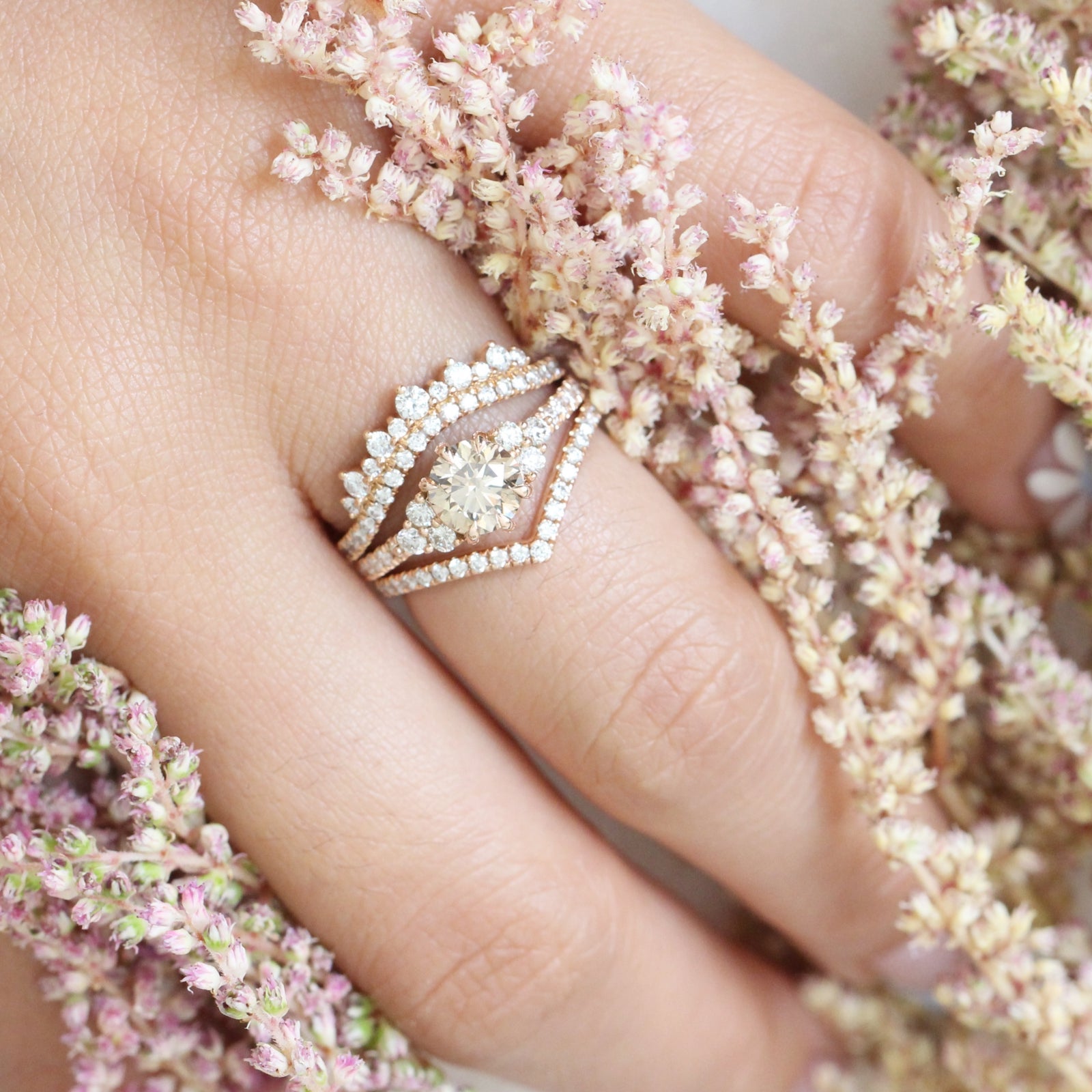 Halo champagne diamond engagement ring stacking set rose gold by la more design jewelry