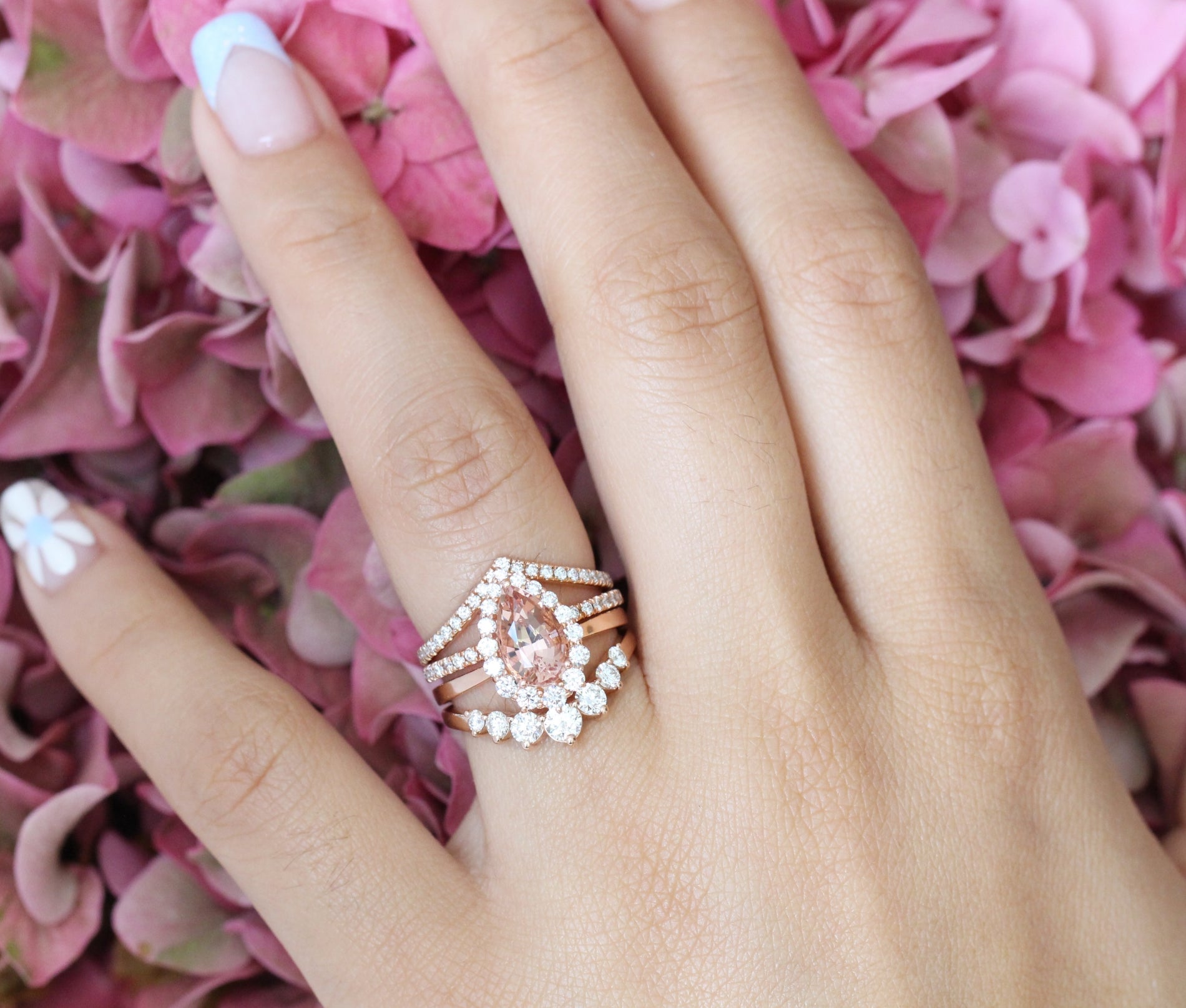 Halo diamond pear morganite engagement ring stacking set rose gold by la more design jewelry