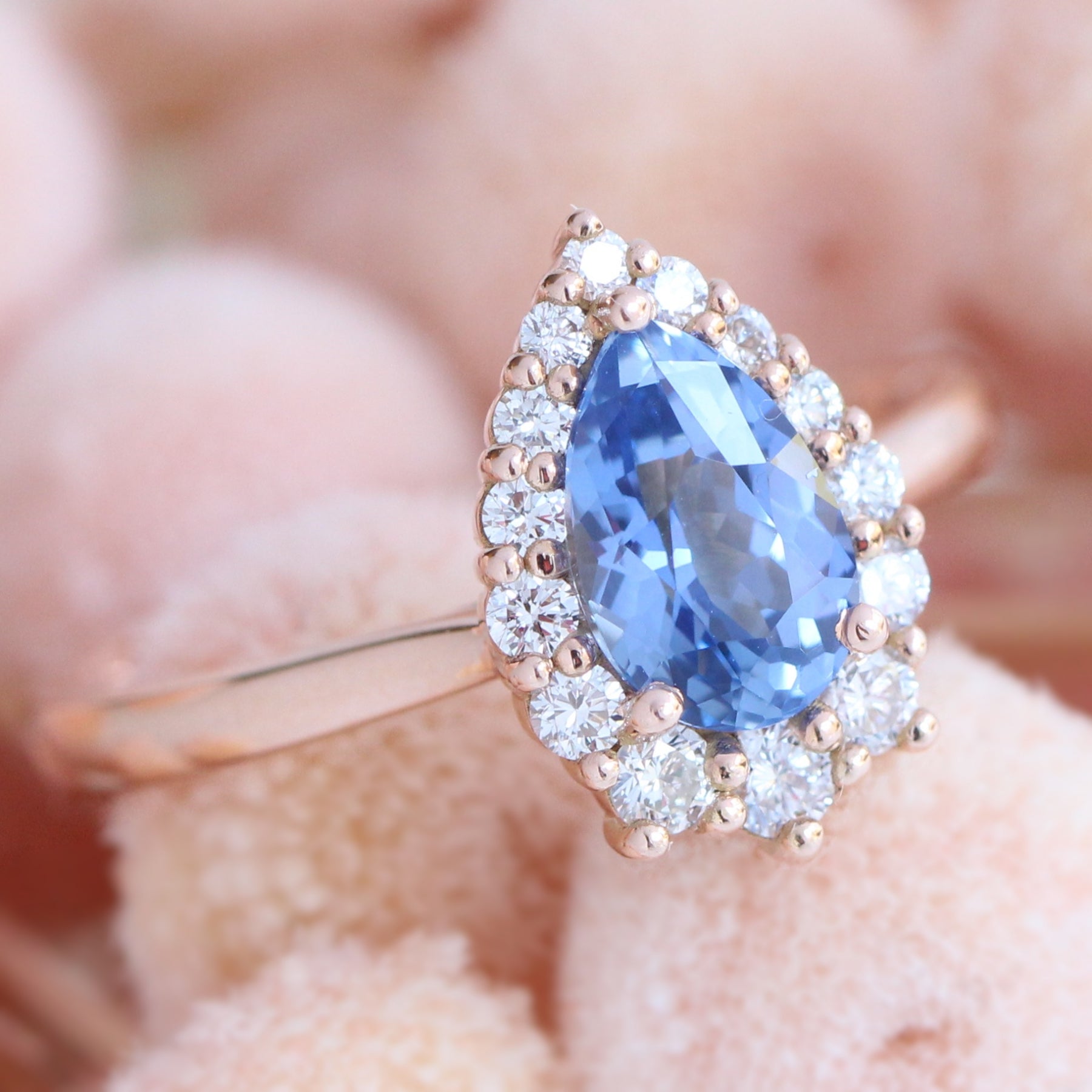 Halo diamond ceylon sapphire ring rose gold pear engagement ring la more design jewelry