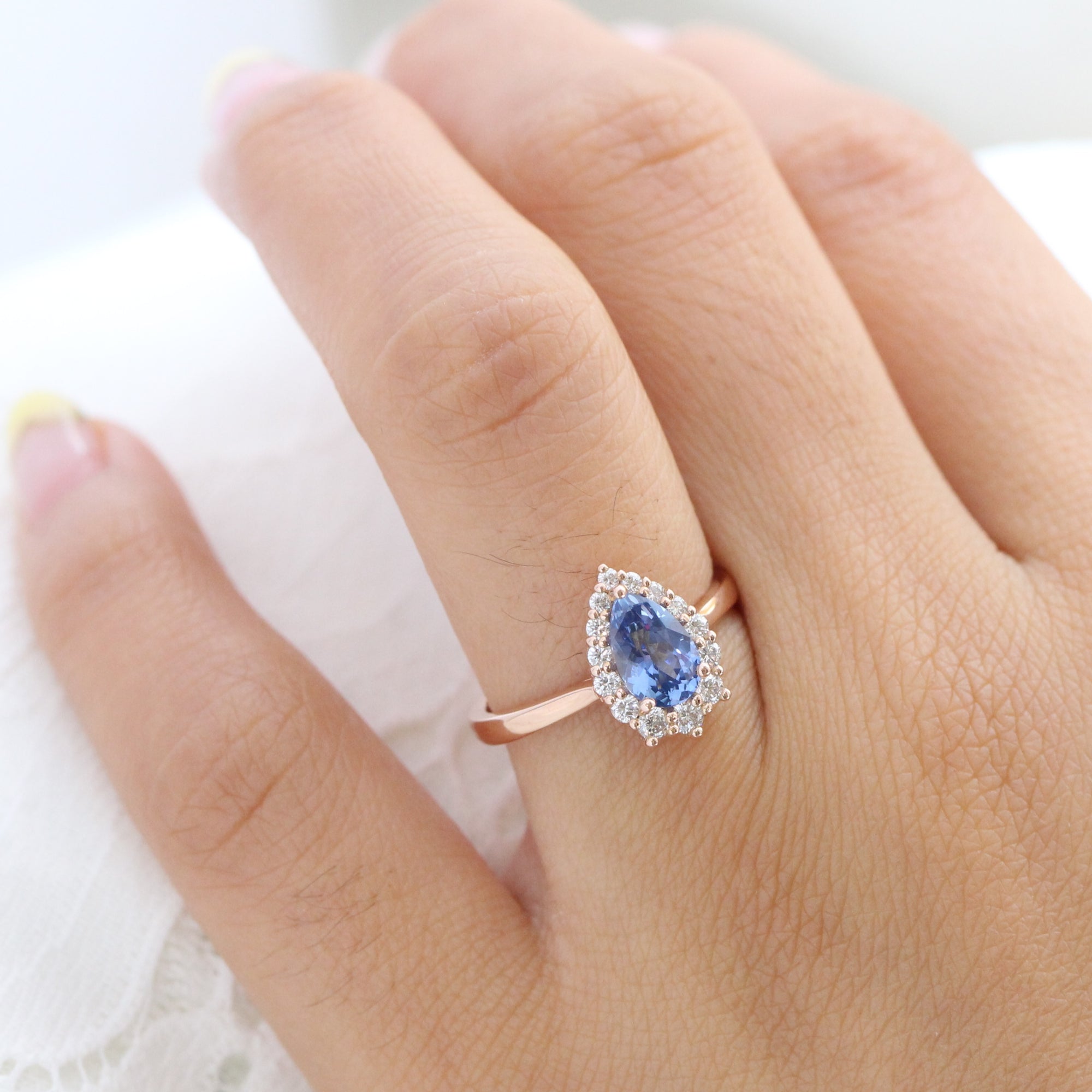 Halo diamond ceylon sapphire ring rose gold pear engagement ring la more design jewelry