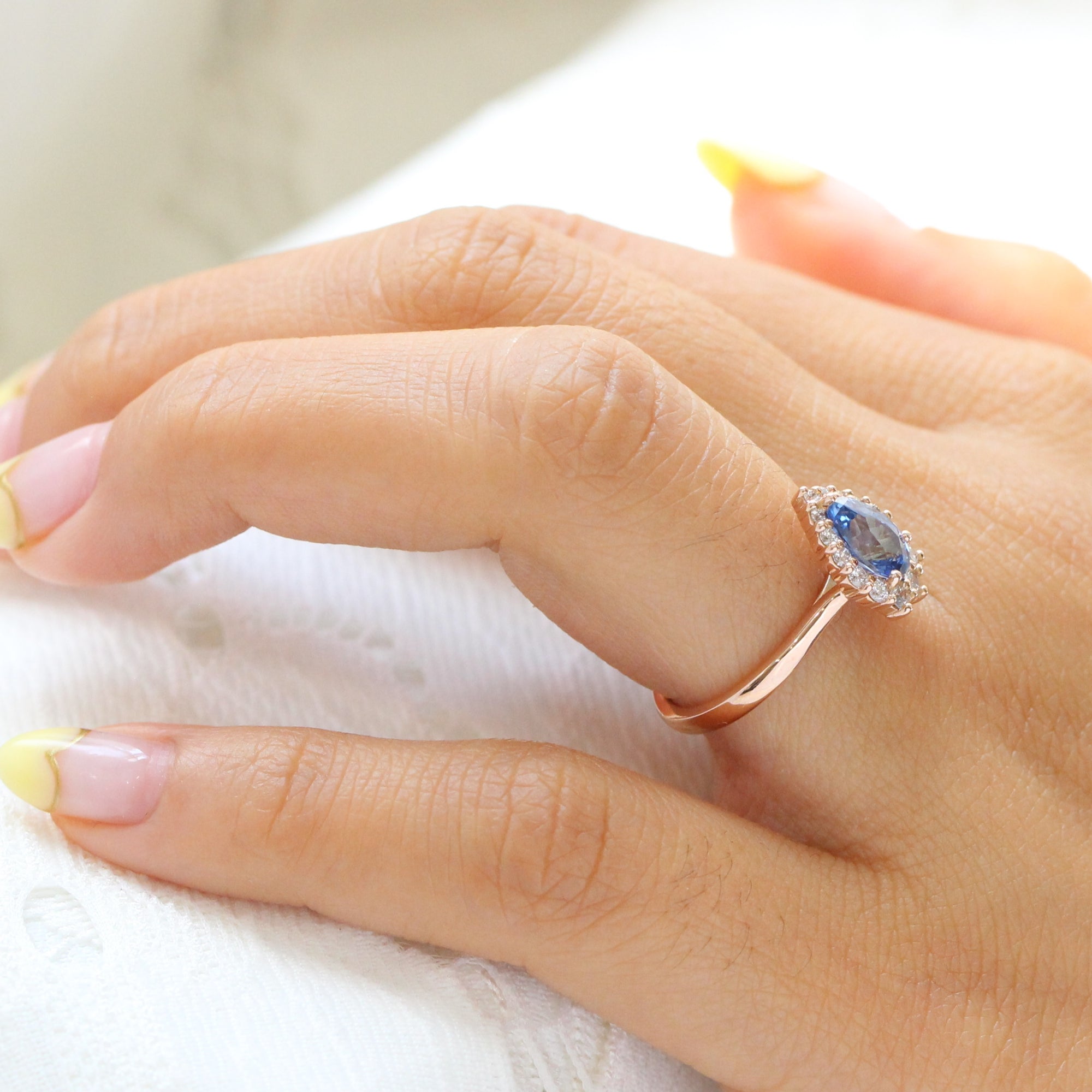 Halo diamond ceylon sapphire ring rose gold pear engagement ring la more design jewelry