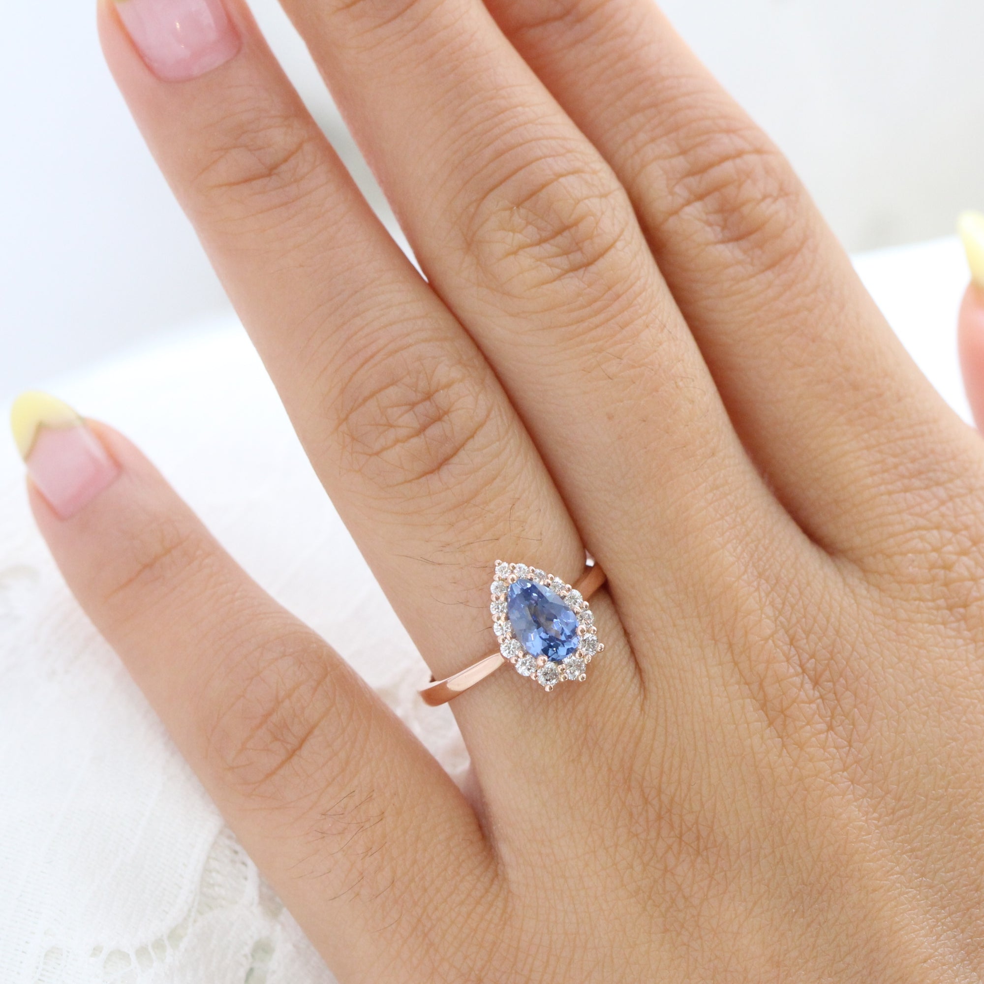 Halo diamond ceylon sapphire ring rose gold pear engagement ring la more design jewelry
