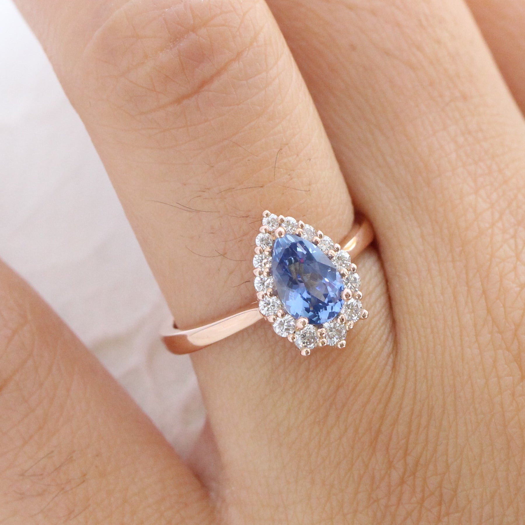 Halo diamond ceylon sapphire ring rose gold pear engagement ring la more design jewelry