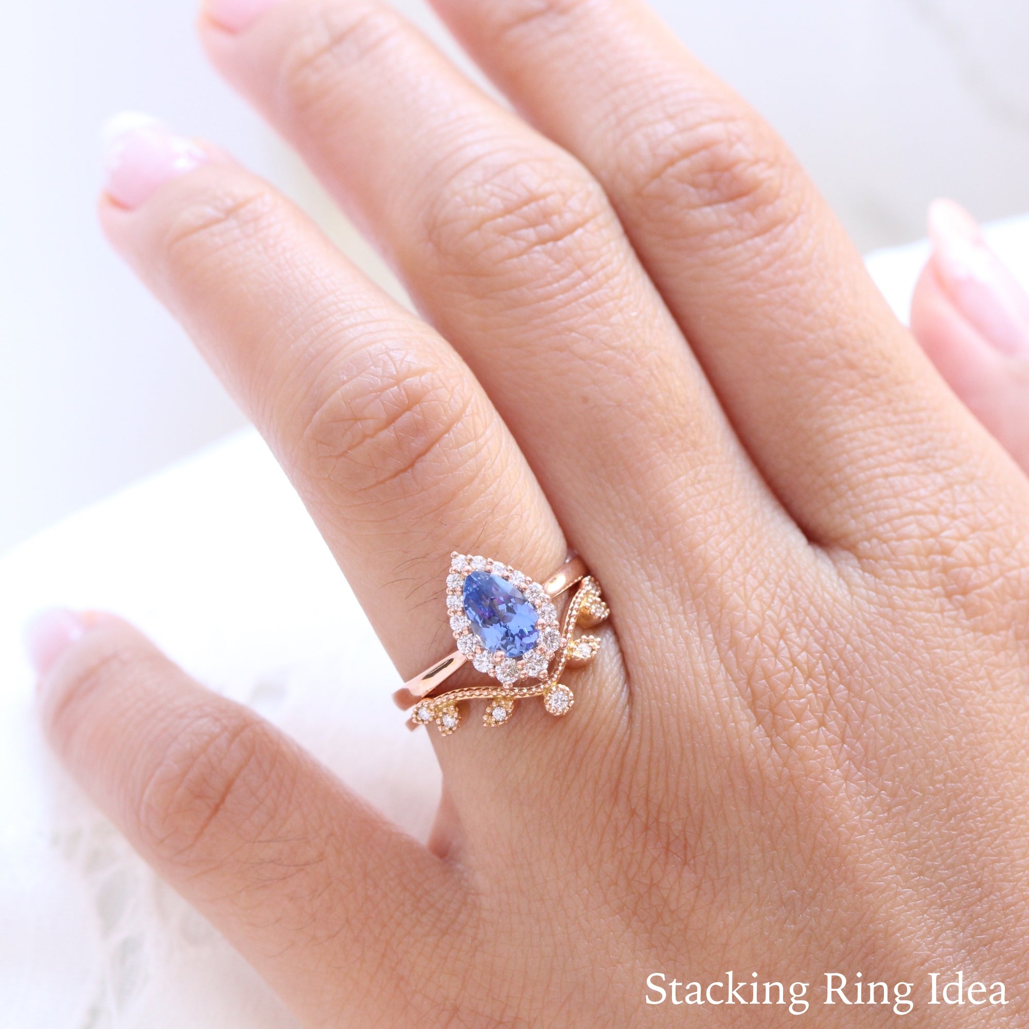 Halo diamond ceylon sapphire ring rose gold pear engagement ring la more design jewelry