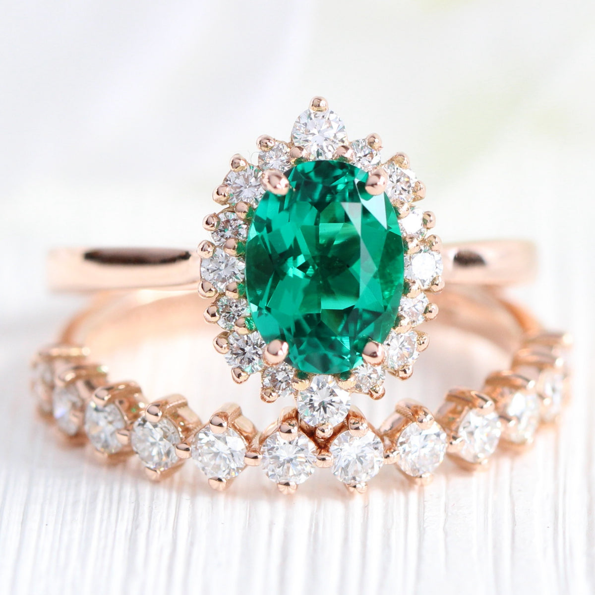 Halo diamond emerald ring stock rose gold matching wedding band la more design jewelry