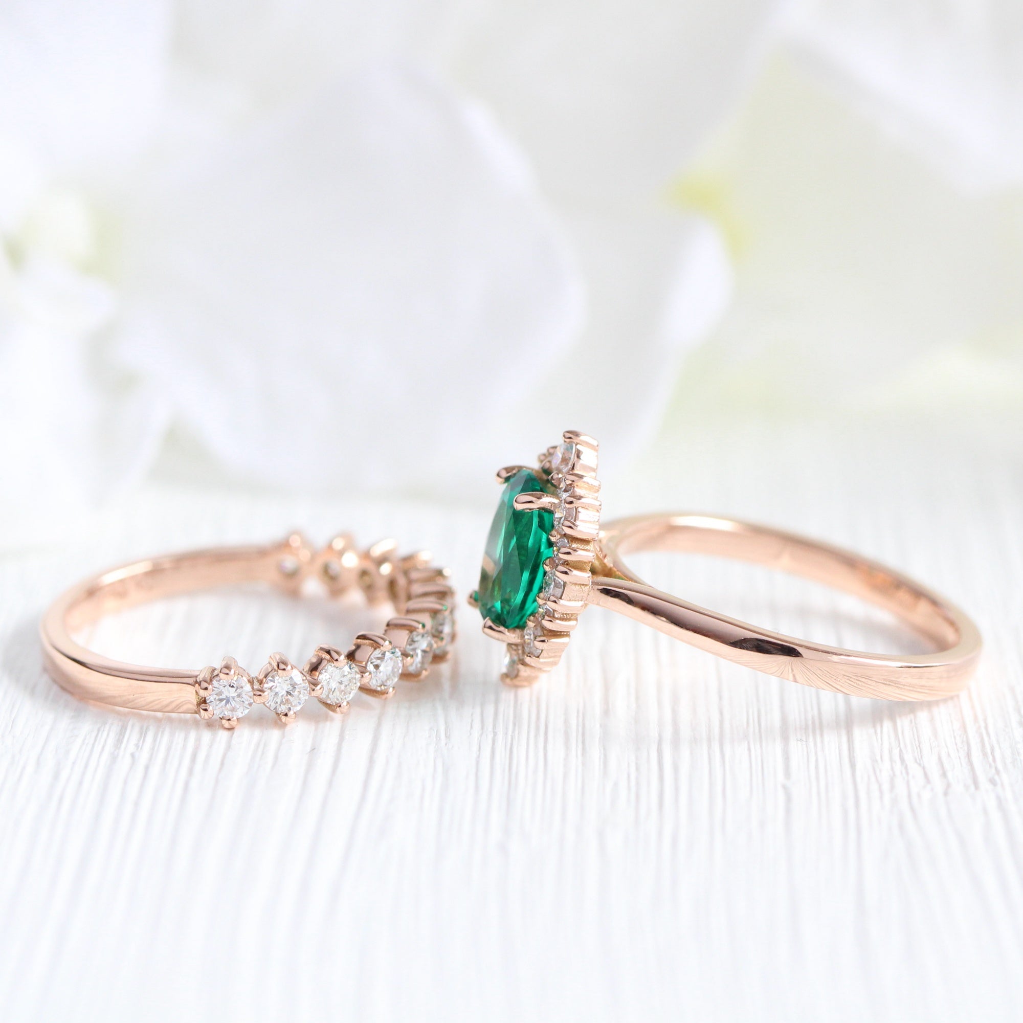 Halo diamond emerald ring stock rose gold matching wedding band la more design jewelry