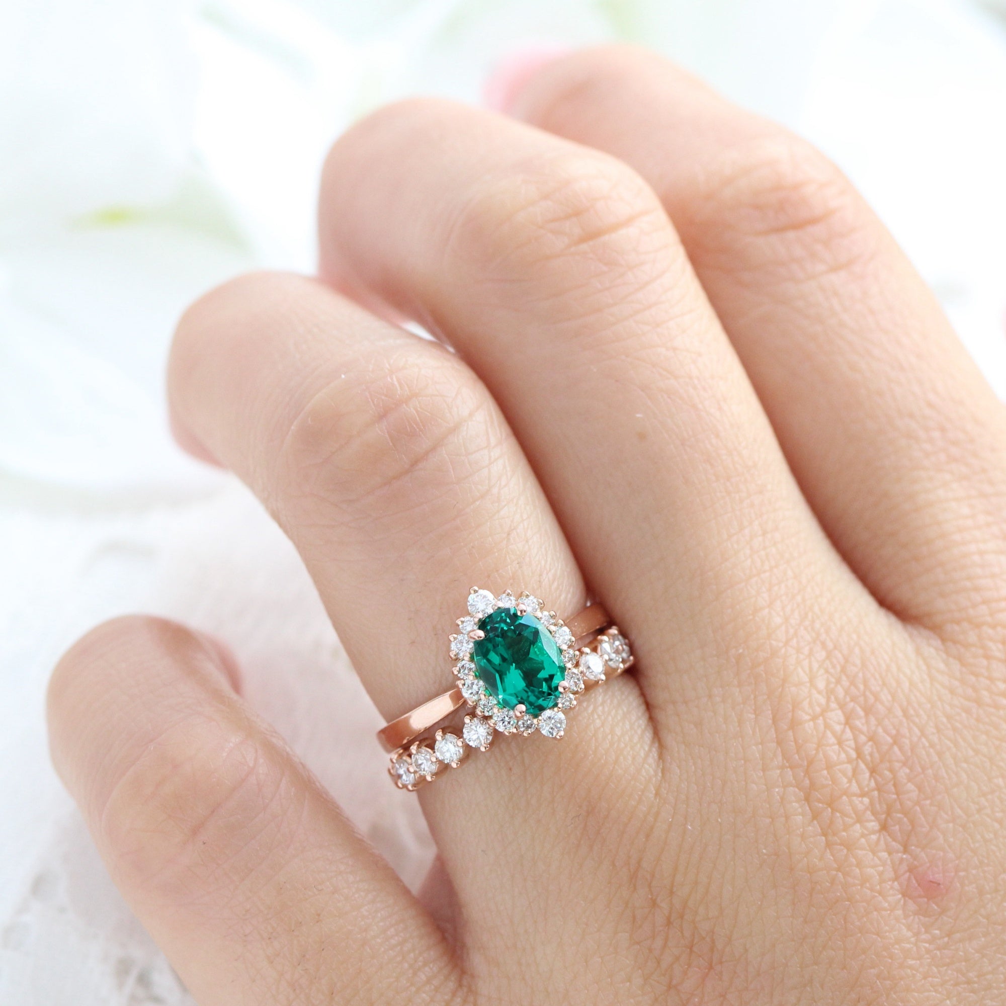 Halo diamond emerald ring stock rose gold matching wedding band la more design jewelry