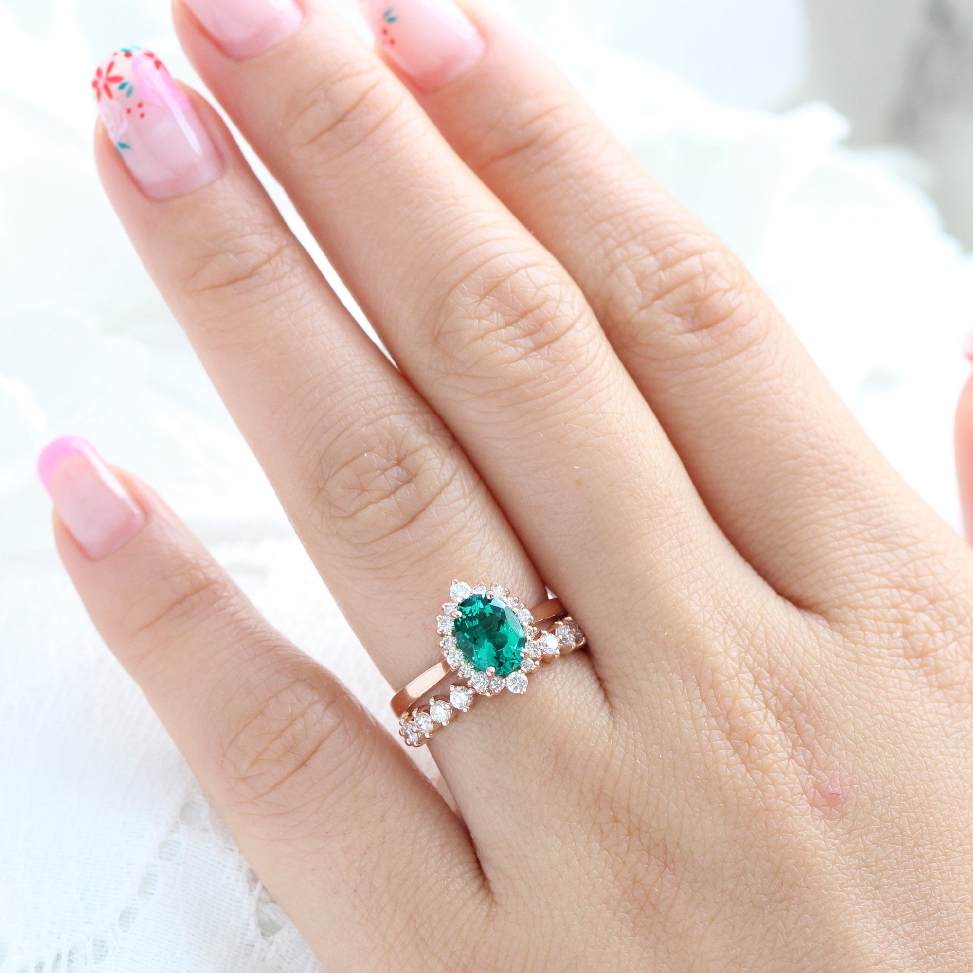 Halo diamond emerald ring stock rose gold matching wedding band la more design jewelry