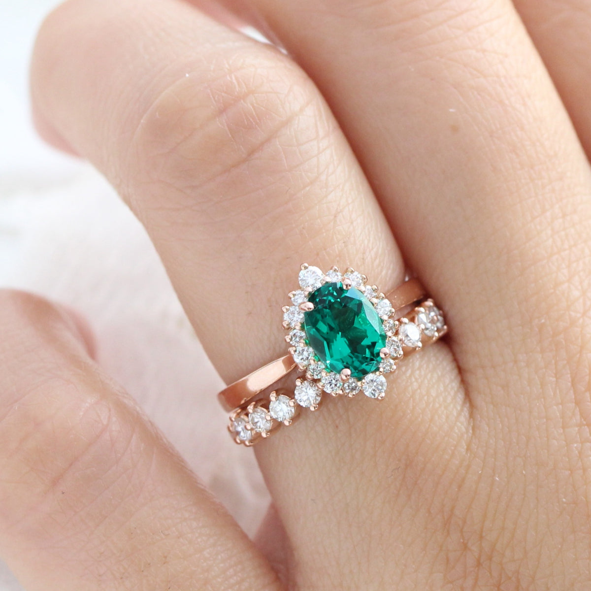 Halo diamond emerald ring stock rose gold matching wedding band la more design jewelry